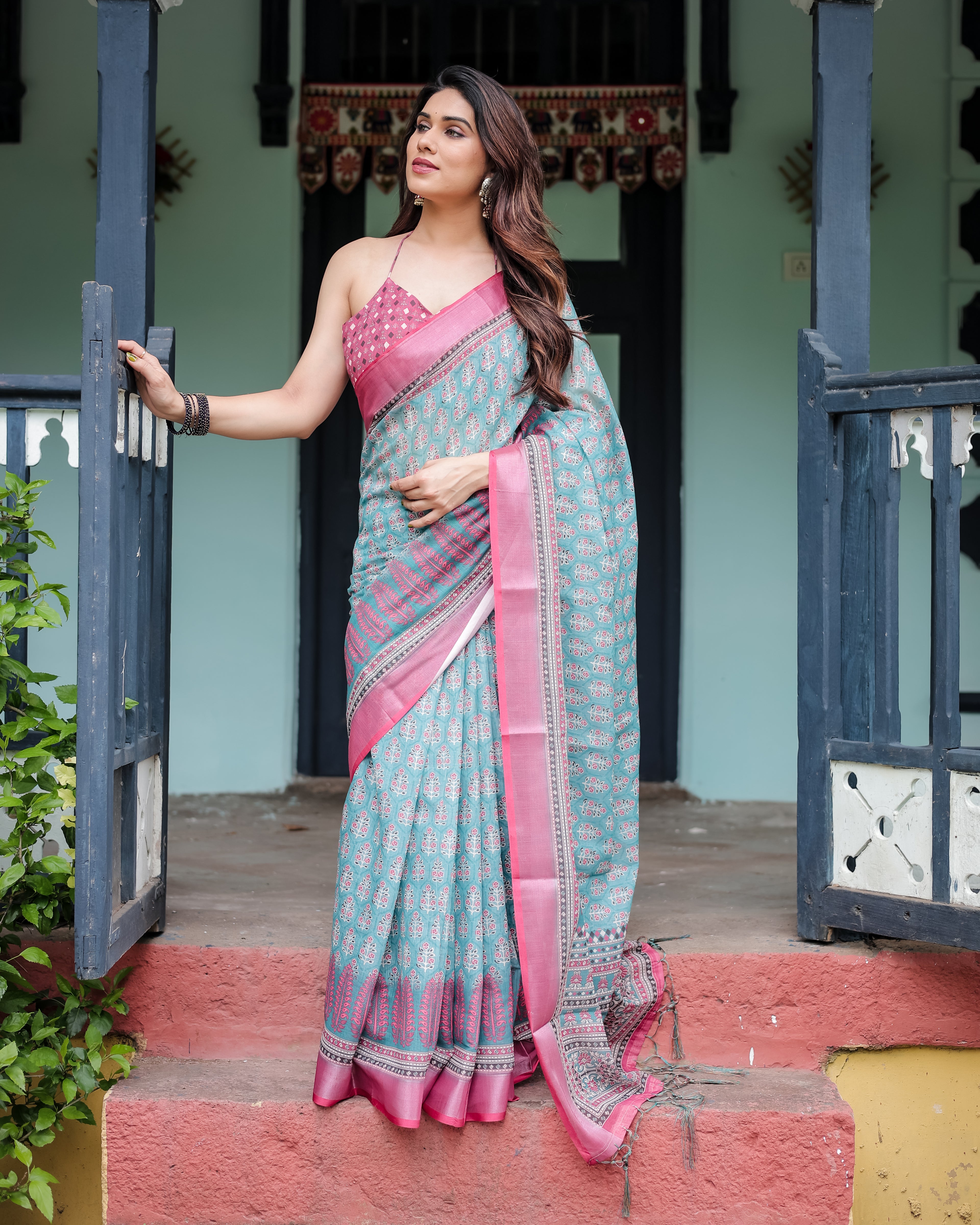 Vibrant Aqua & Pink Block Print Linen Cotton Saree with Contrast Border | GG-721