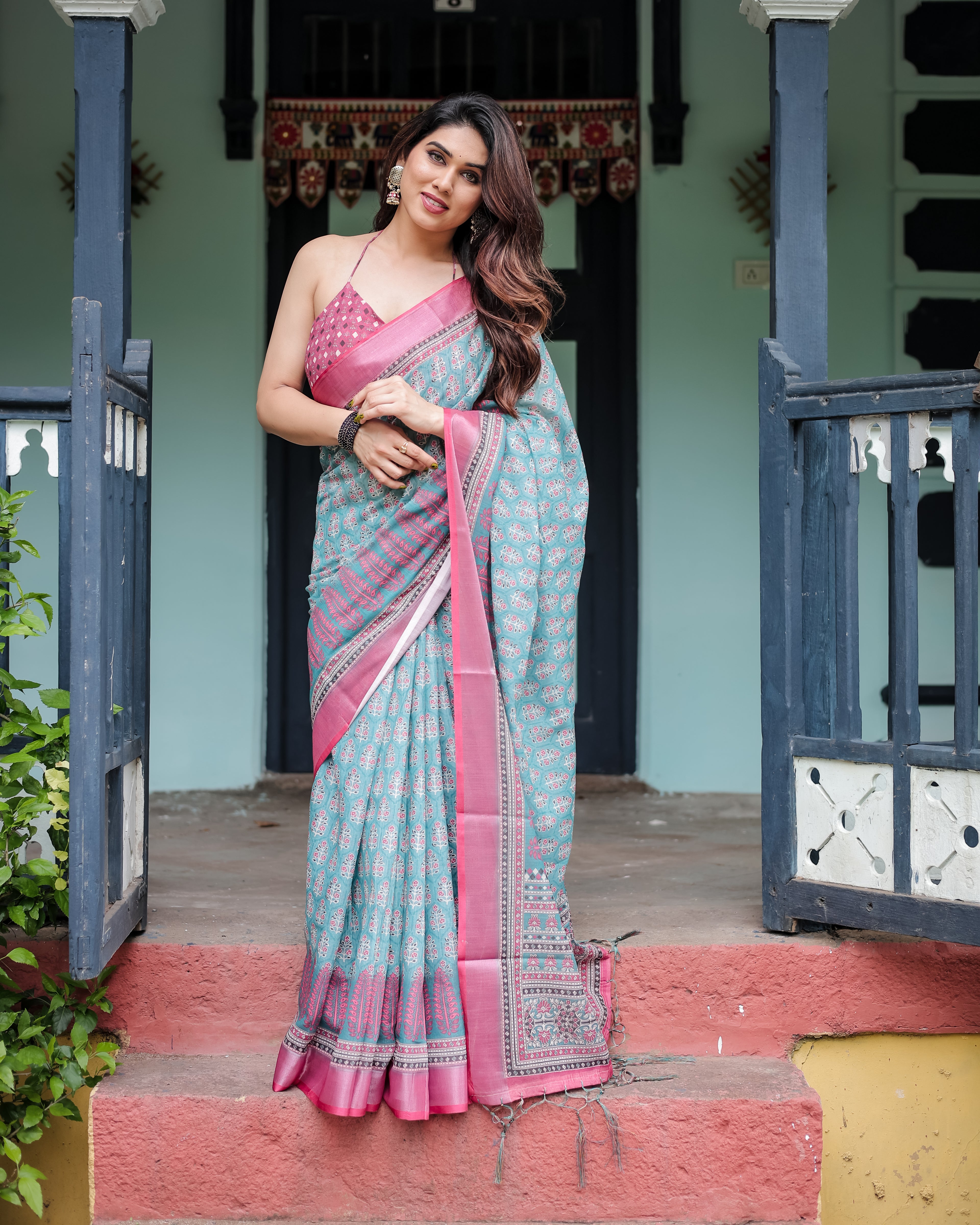 Vibrant Aqua & Pink Block Print Linen Cotton Saree with Contrast Border | GG-721