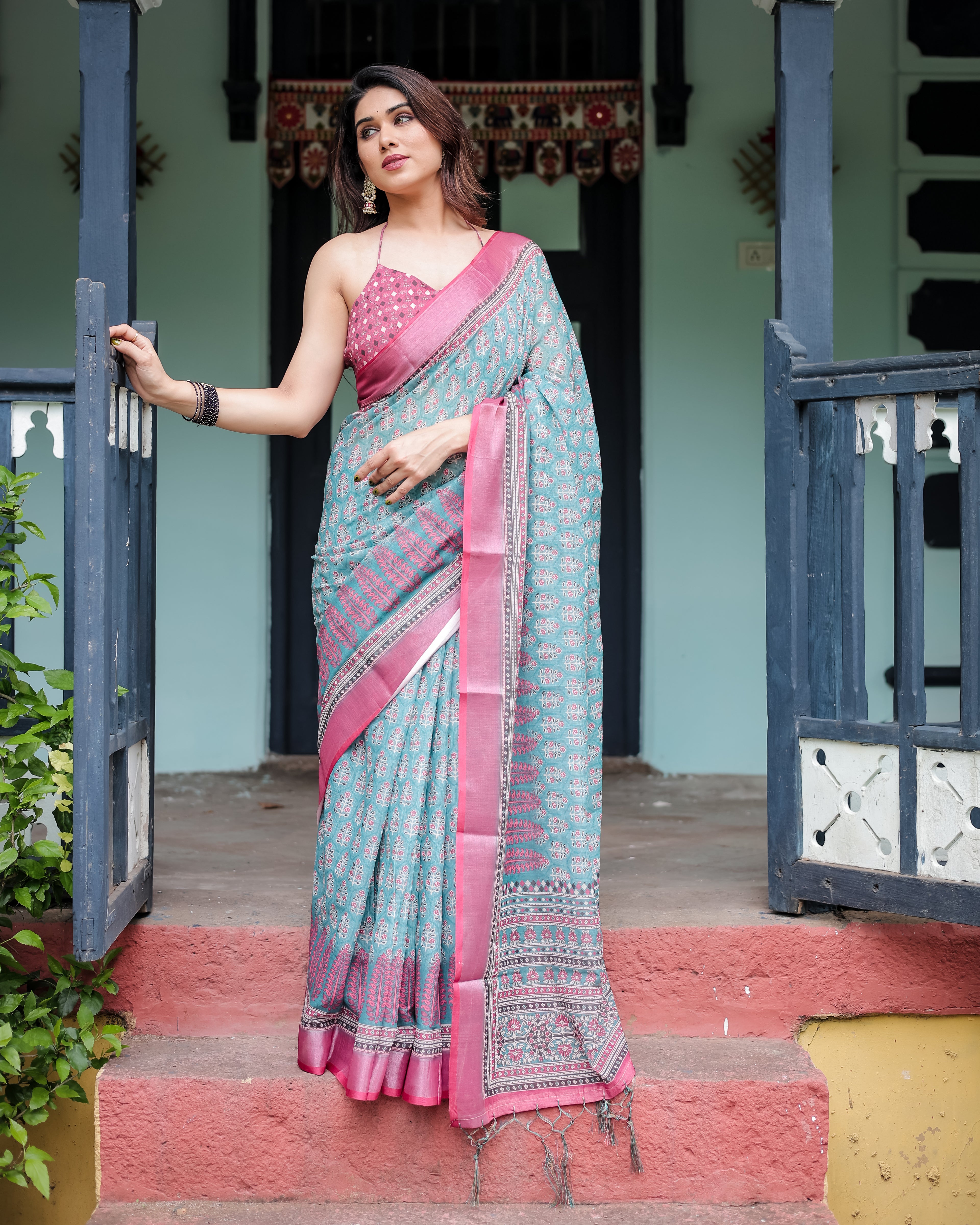 Vibrant Aqua & Pink Block Print Linen Cotton Saree with Contrast Border | GG-721