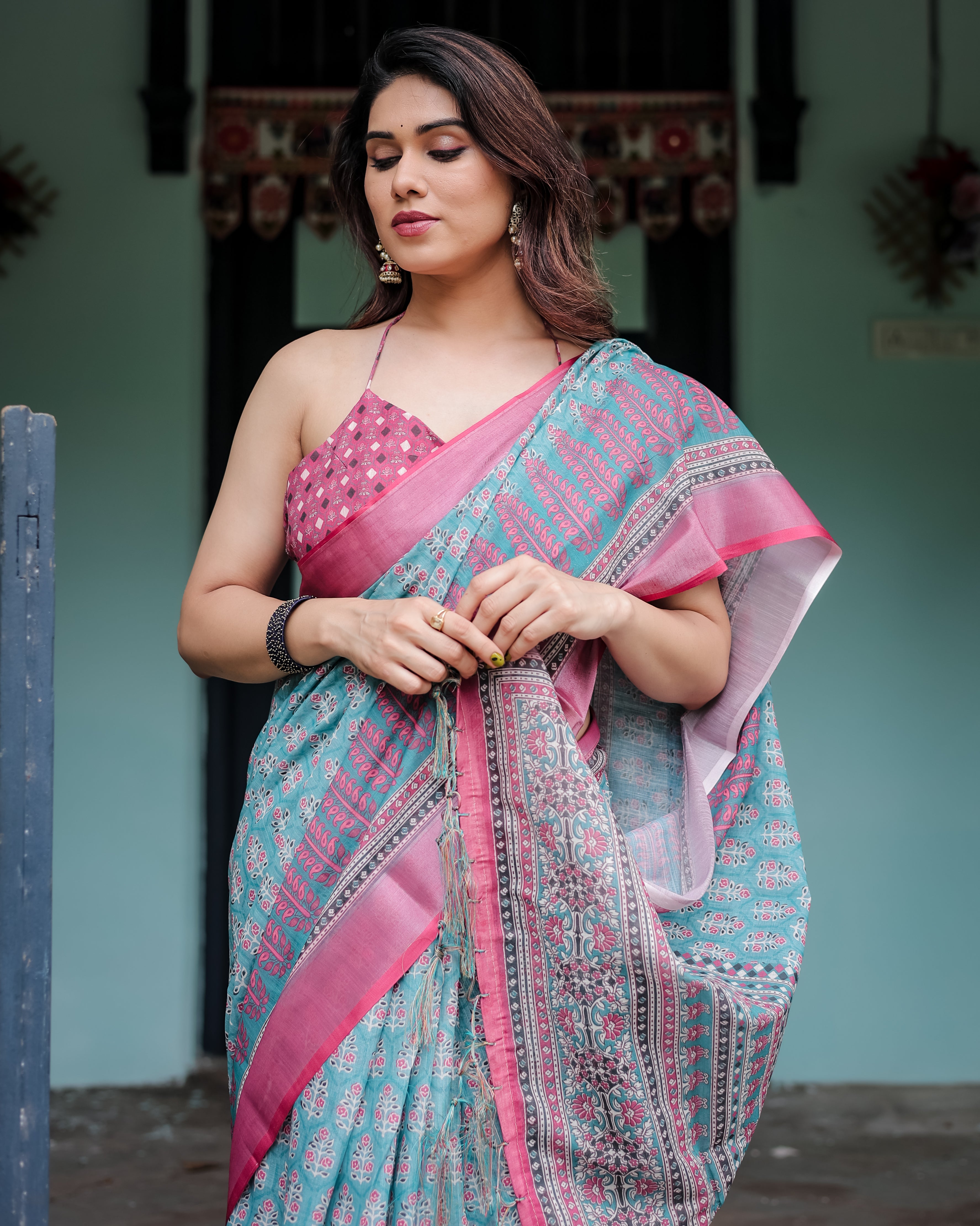 Vibrant Aqua & Pink Block Print Linen Cotton Saree with Contrast Border | GG-721