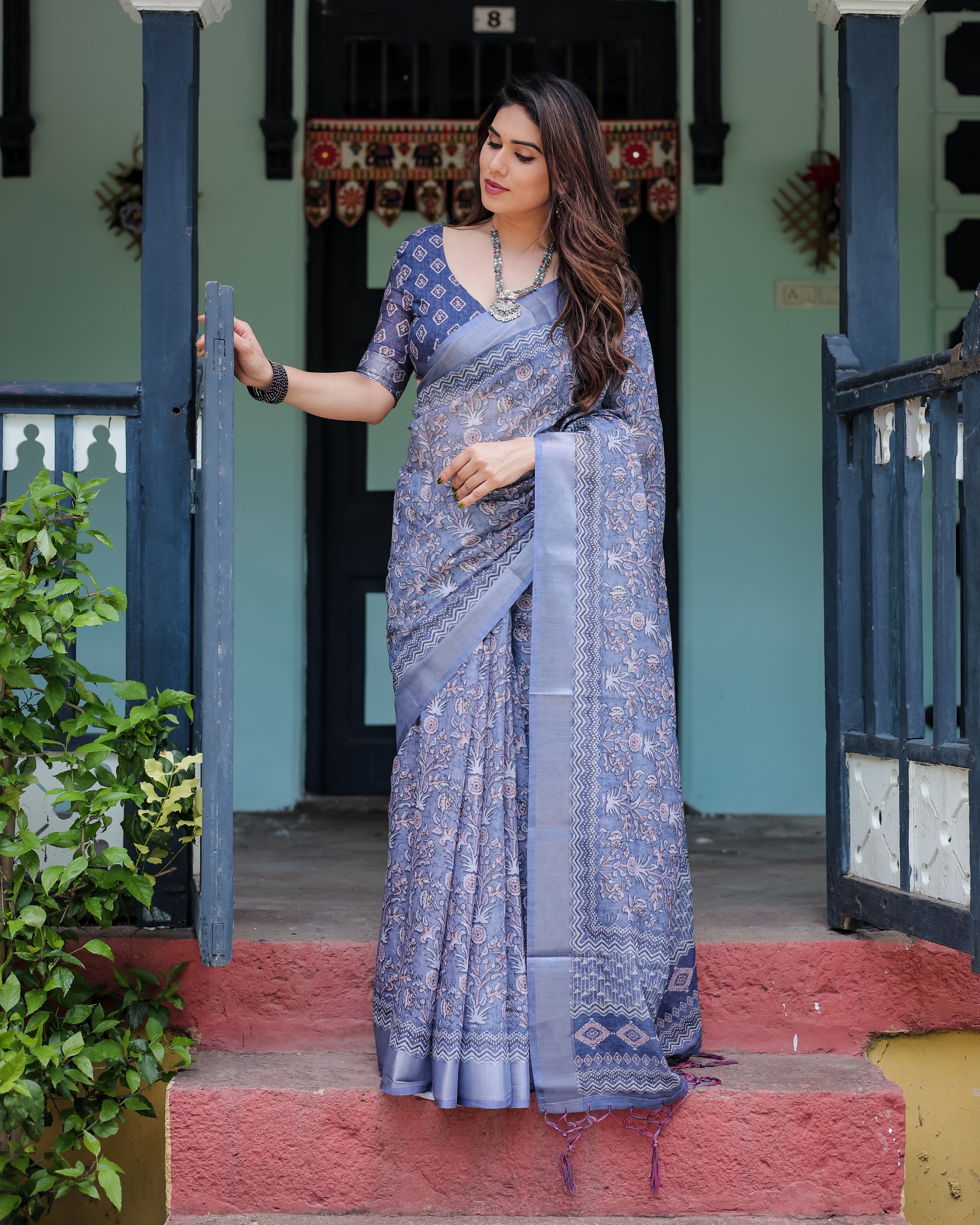 Elegant Grey-Blue Floral Linen Cotton Saree with Silver Border | GG-720