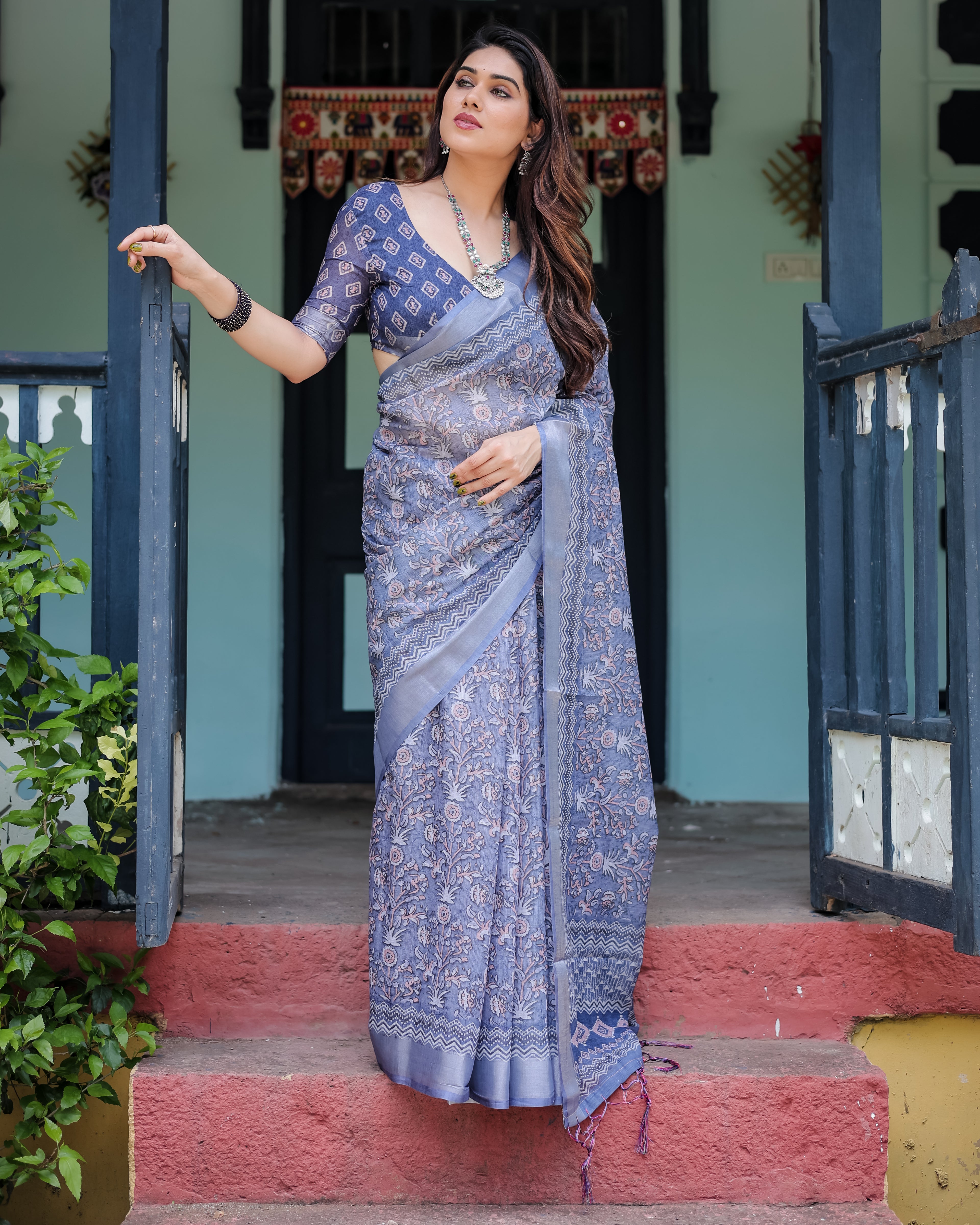 Elegant Grey-Blue Floral Linen Cotton Saree with Silver Border | GG-720