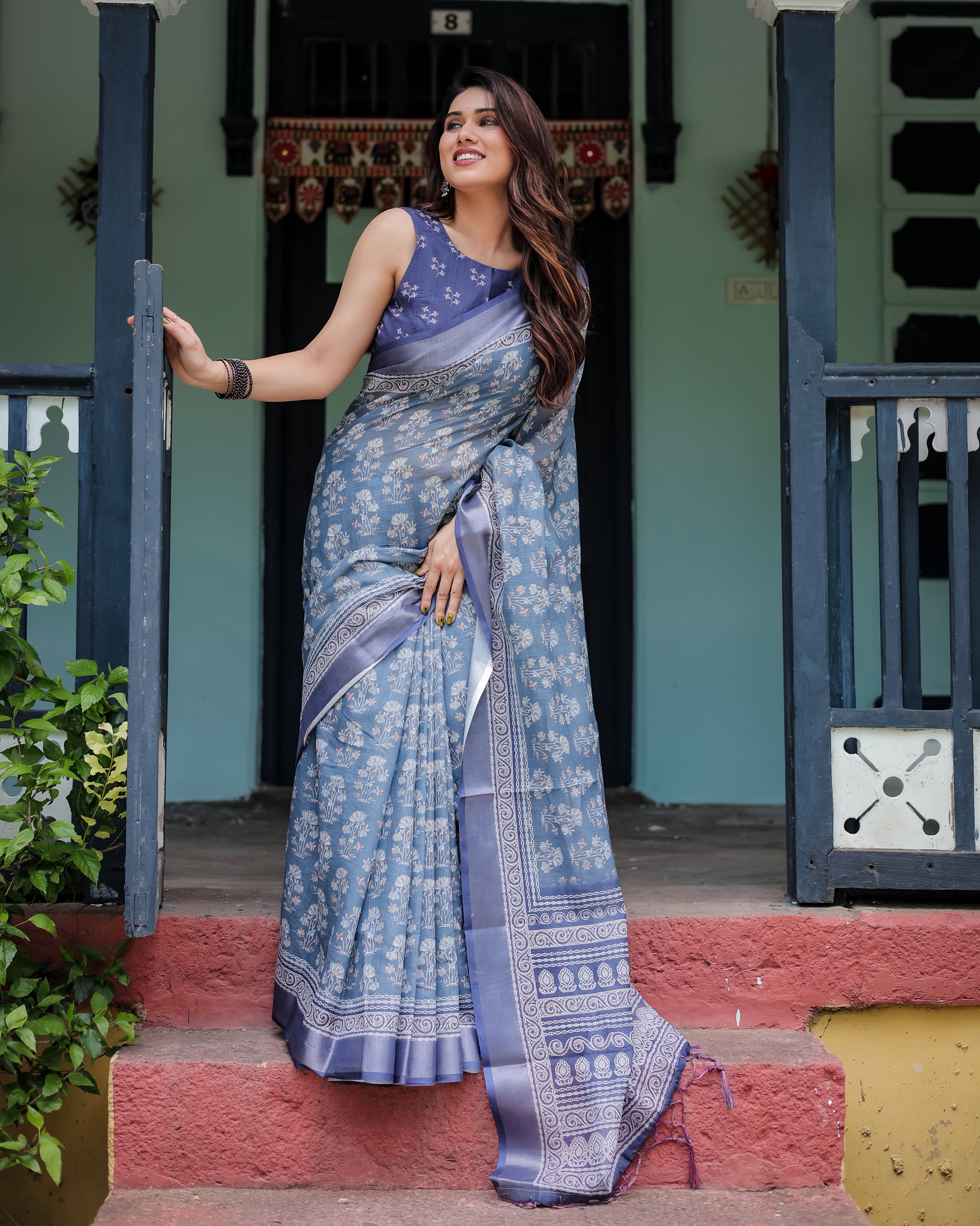 Elegant Blue Linen Cotton Printed Saree with Designer Border | GG-724