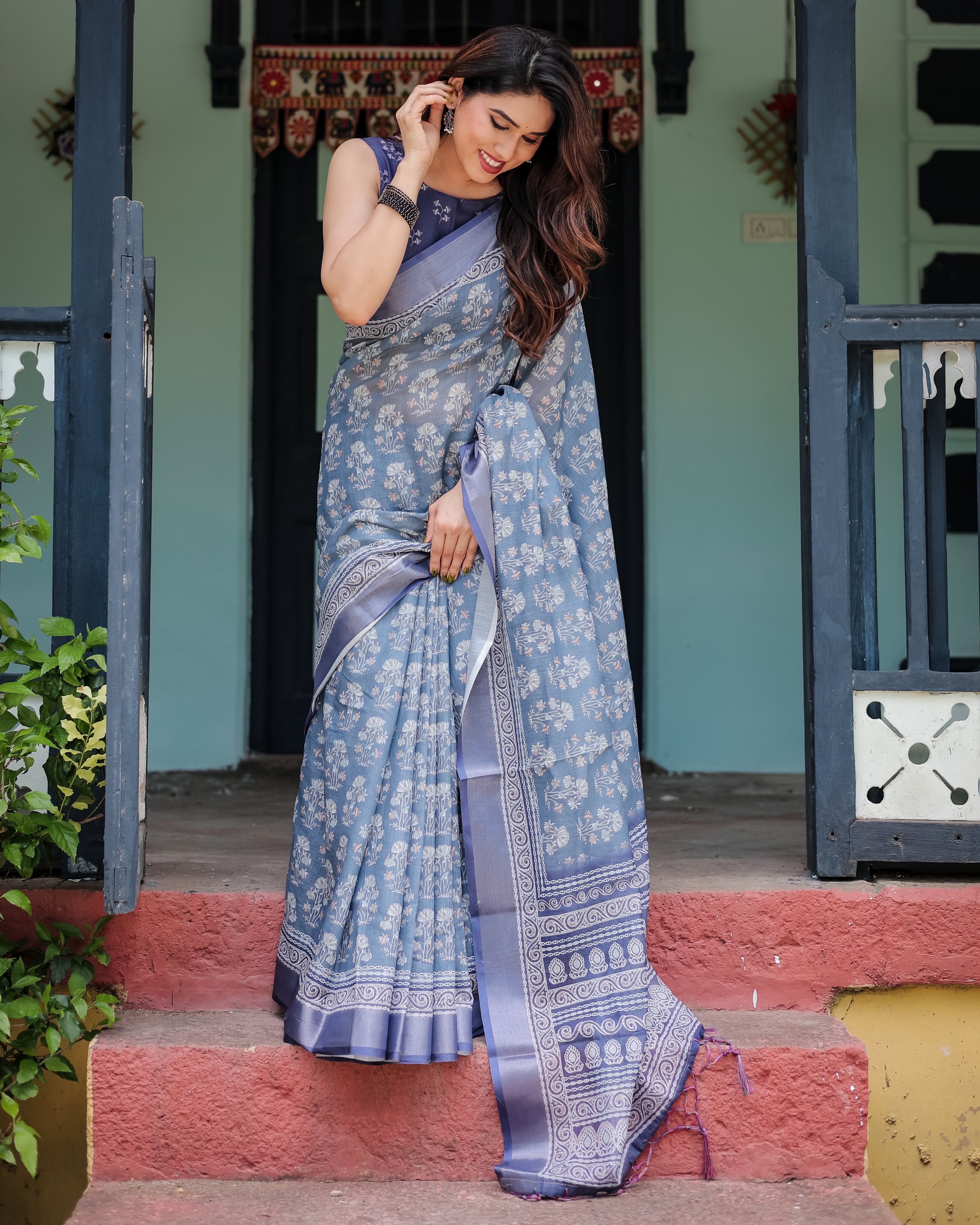 Elegant Blue Linen Cotton Printed Saree with Designer Border | GG-724
