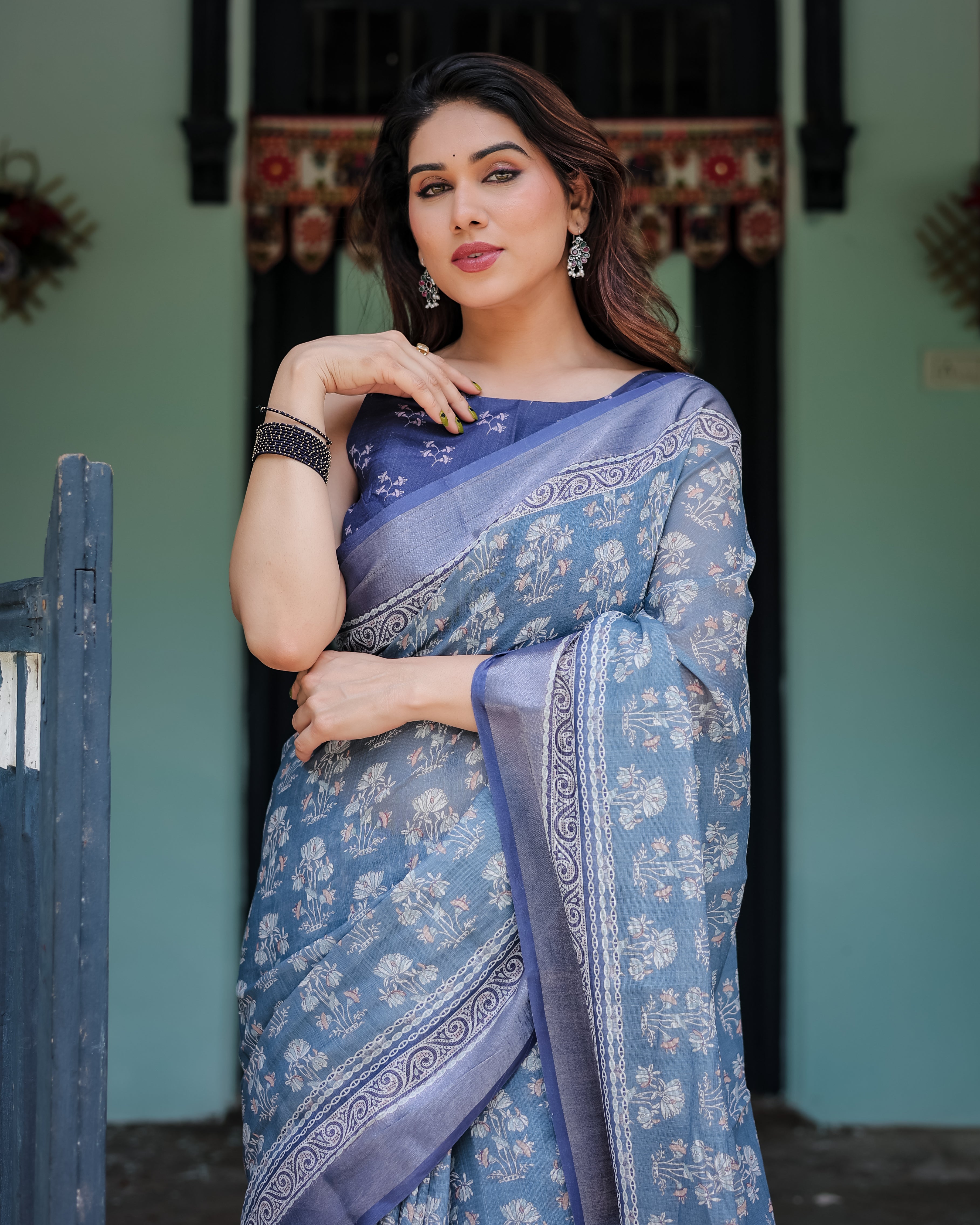 Elegant Blue Linen Cotton Printed Saree with Designer Border | GG-724