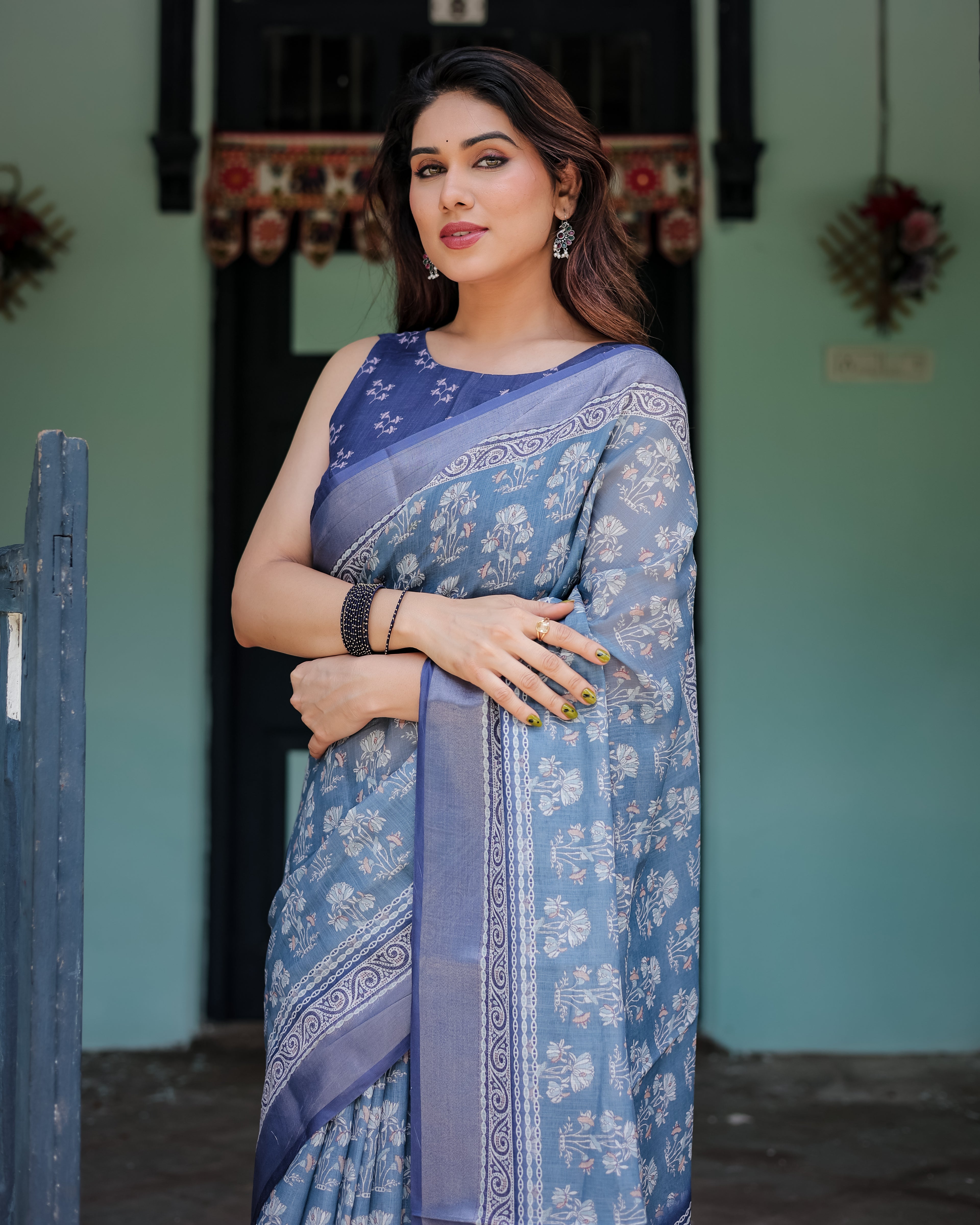 Elegant Blue Linen Cotton Printed Saree with Designer Border | GG-724
