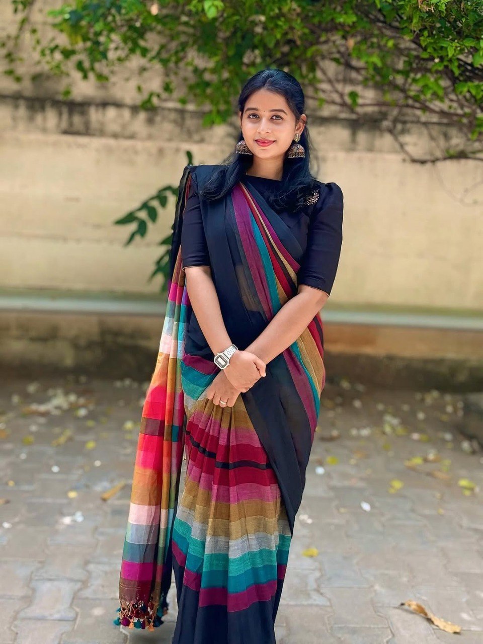 Black Linen Cotton Digital Printed Saree with Multicolor Stripes & Handmade Zalar