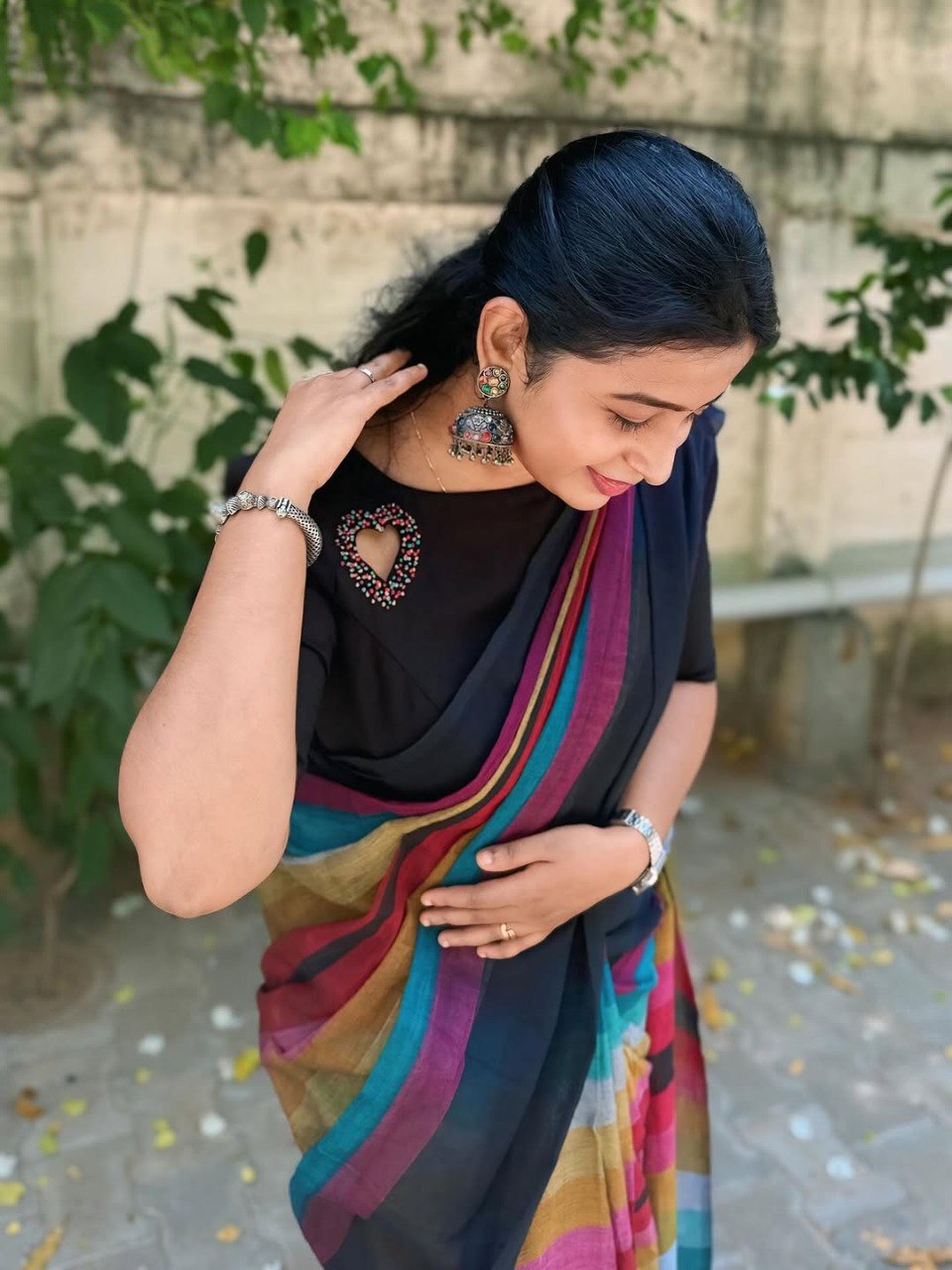 Black Linen Cotton Digital Printed Saree with Multicolor Stripes & Handmade Zalar