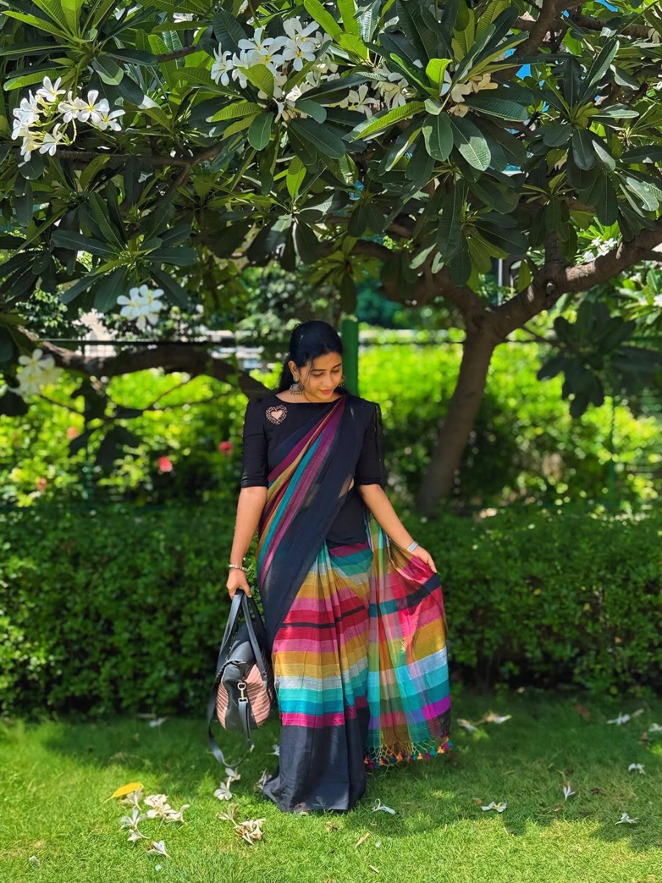 Black Linen Cotton Digital Printed Saree with Multicolor Stripes & Handmade Zalar