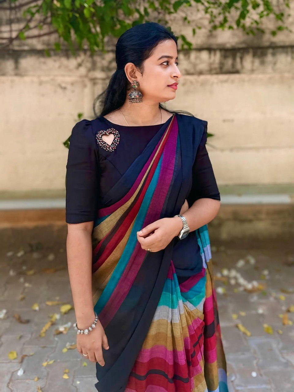 Black Linen Cotton Digital Printed Saree with Multicolor Stripes & Handmade Zalar