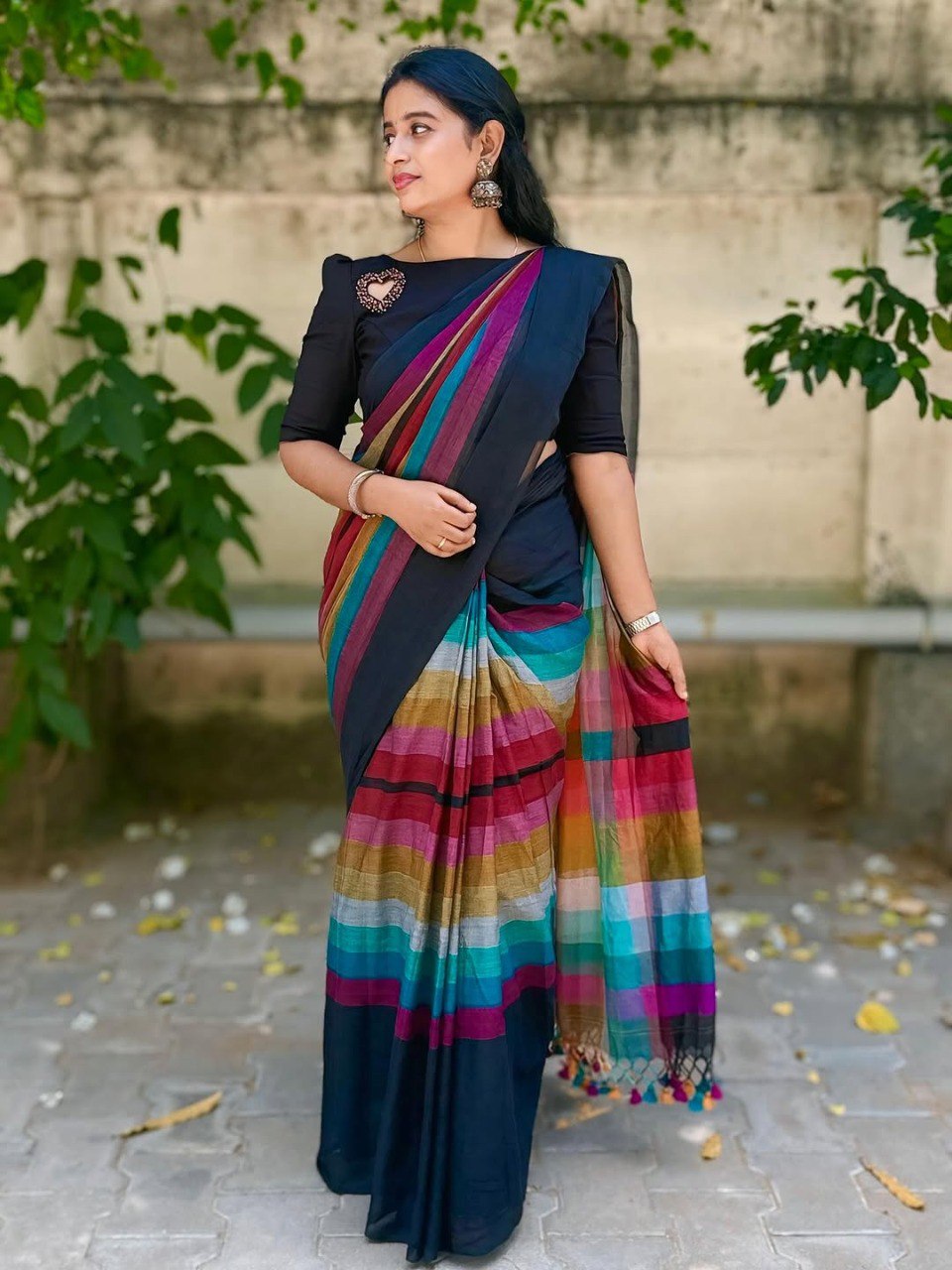 Black Linen Cotton Digital Printed Saree with Multicolor Stripes & Handmade Zalar
