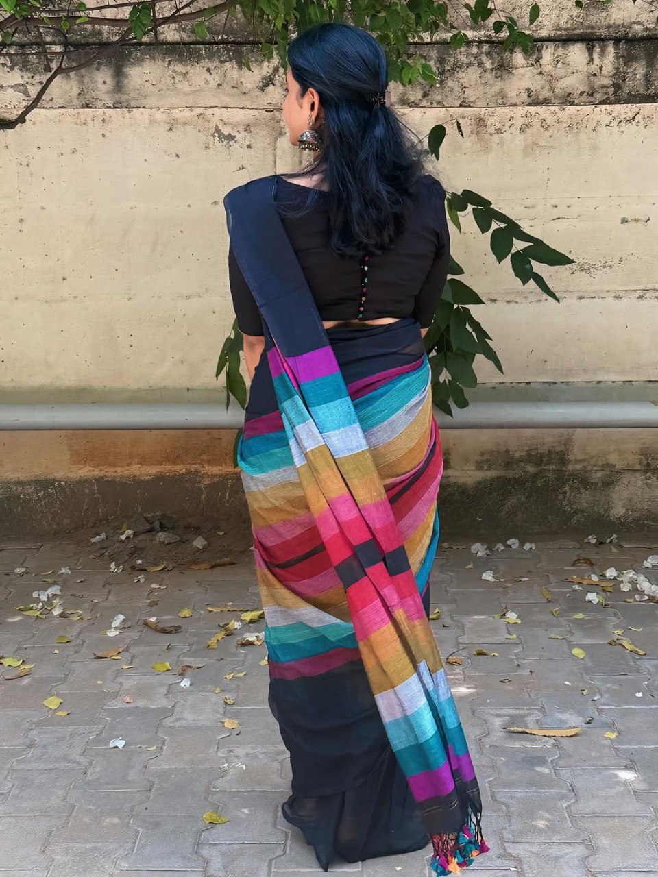 Black Linen Cotton Digital Printed Saree with Multicolor Stripes & Handmade Zalar