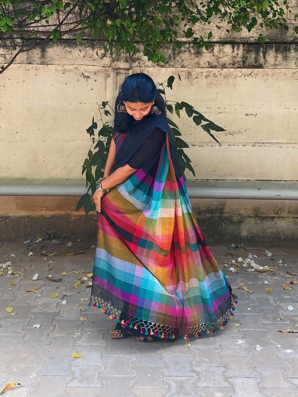 Black Linen Cotton Digital Printed Saree with Multicolor Stripes & Handmade Zalar