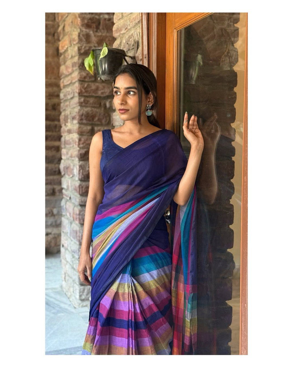 Navy Blue Linen Cotton Digital Printed Saree with Multicolor Stripes & Handmade Tassels