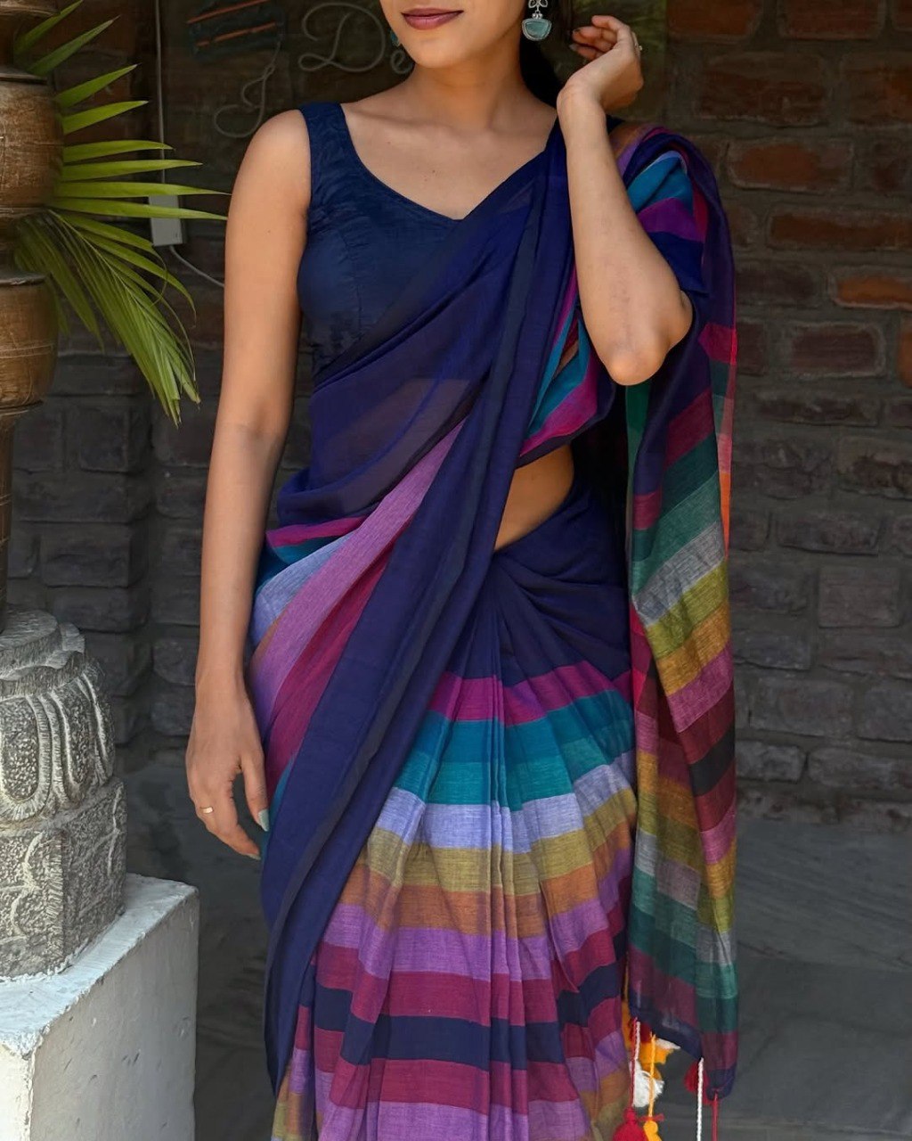 Navy Blue Linen Cotton Digital Printed Saree with Multicolor Stripes & Handmade Tassels
