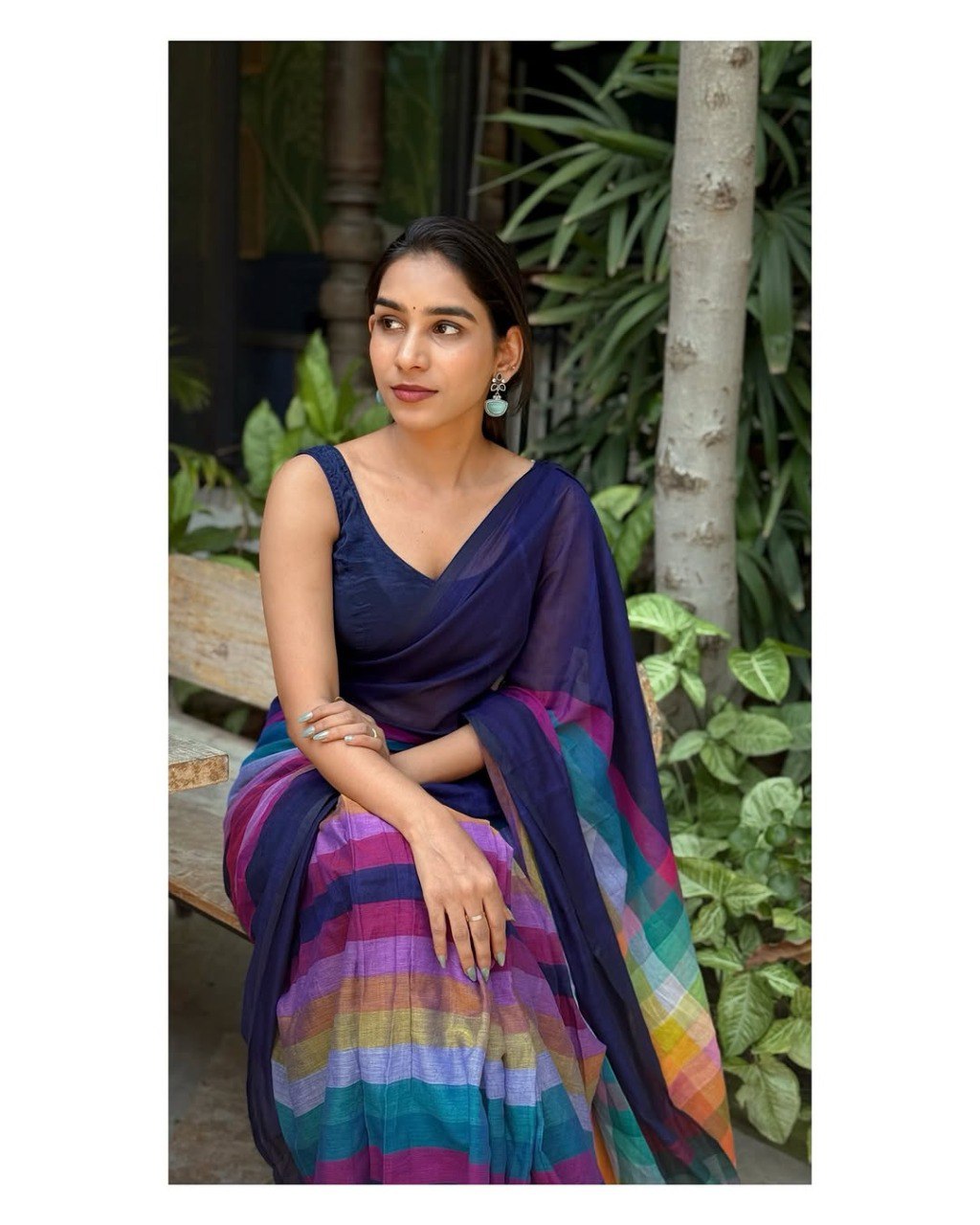 Navy Blue Linen Cotton Digital Printed Saree with Multicolor Stripes & Handmade Tassels