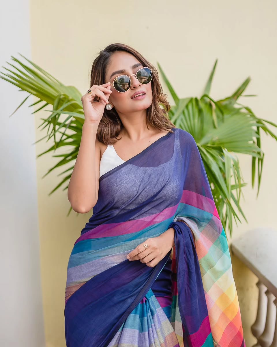 Navy Blue Linen Cotton Digital Printed Saree with Multicolor Stripes & Handmade Tassels