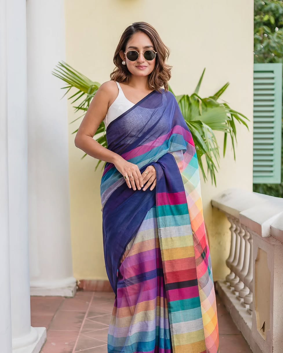 Navy Blue Linen Cotton Digital Printed Saree with Multicolor Stripes & Handmade Tassels