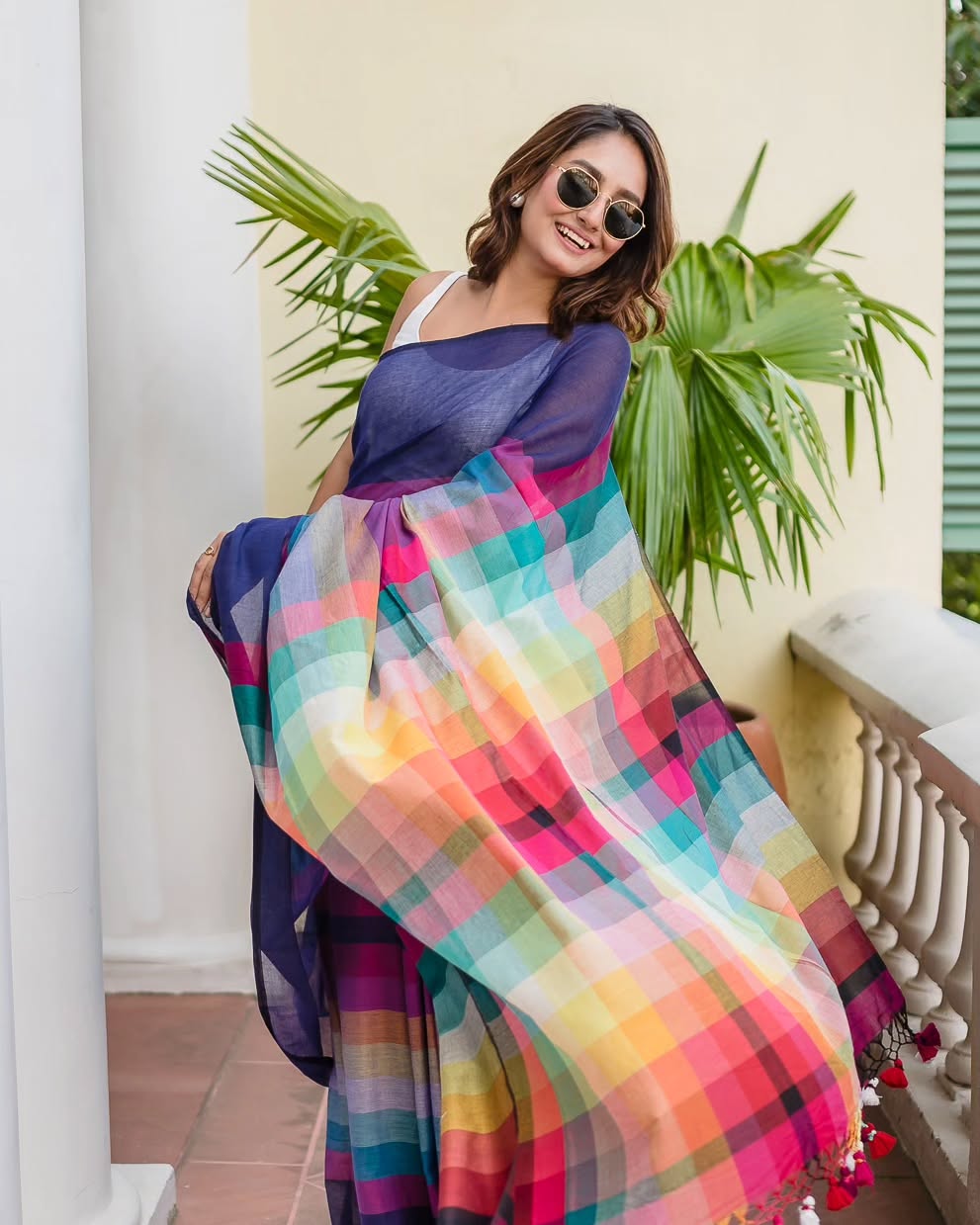 Navy Blue Linen Cotton Digital Printed Saree with Multicolor Stripes & Handmade Tassels