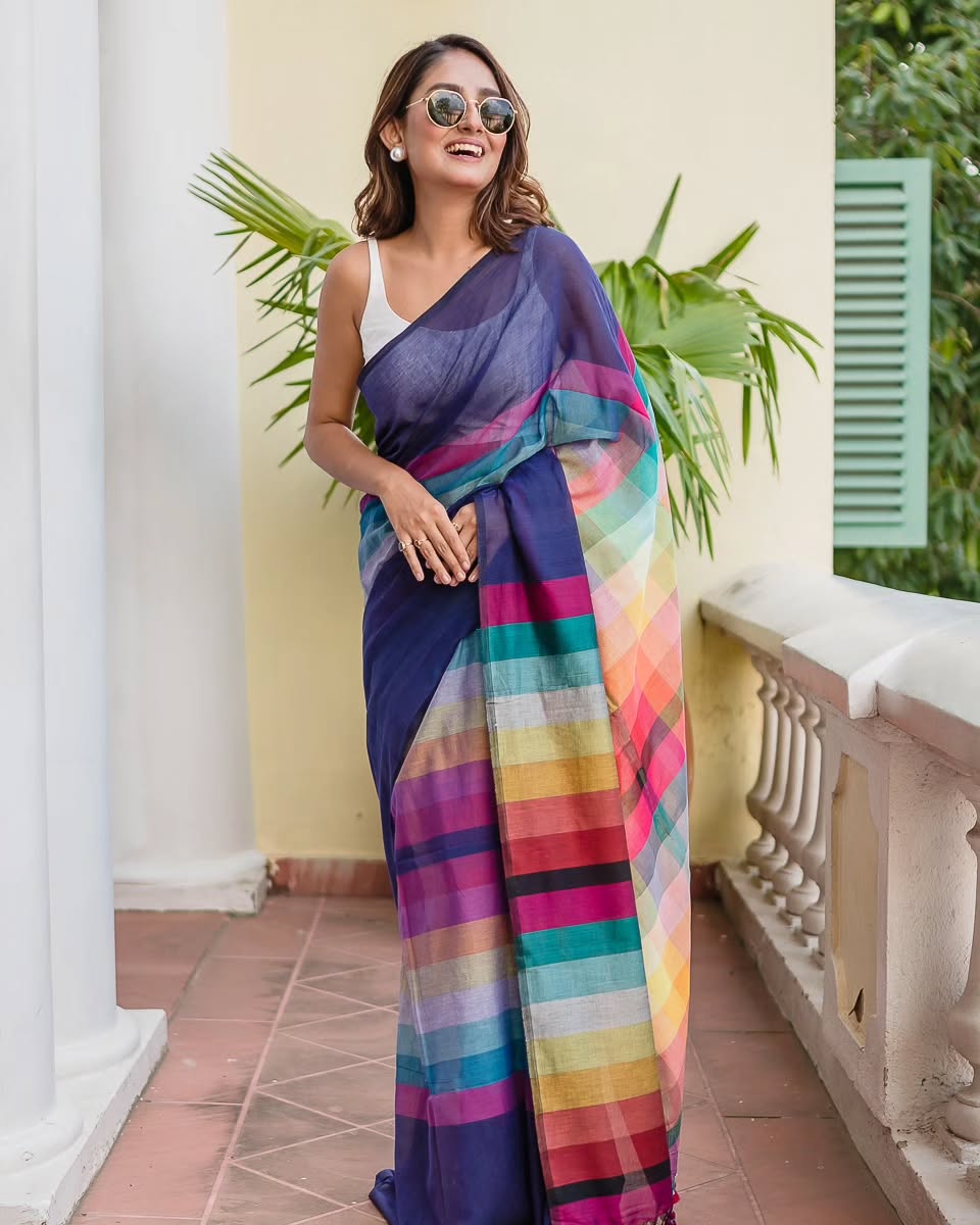 Navy Blue Linen Cotton Digital Printed Saree with Multicolor Stripes & Handmade Tassels