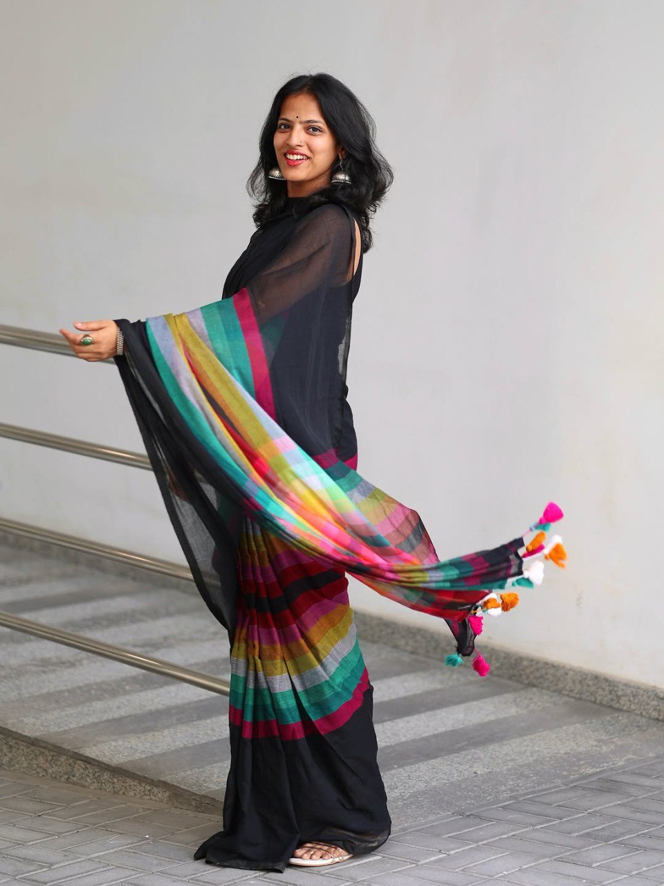 Black Linen Cotton Digital Printed Saree with Multicolor Stripes & Handmade Tassels