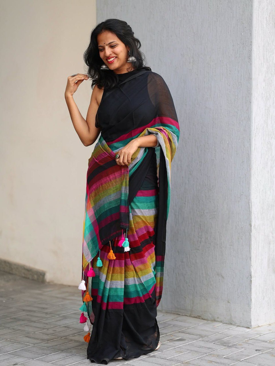 Black Linen Cotton Digital Printed Saree with Multicolor Stripes & Handmade Tassels