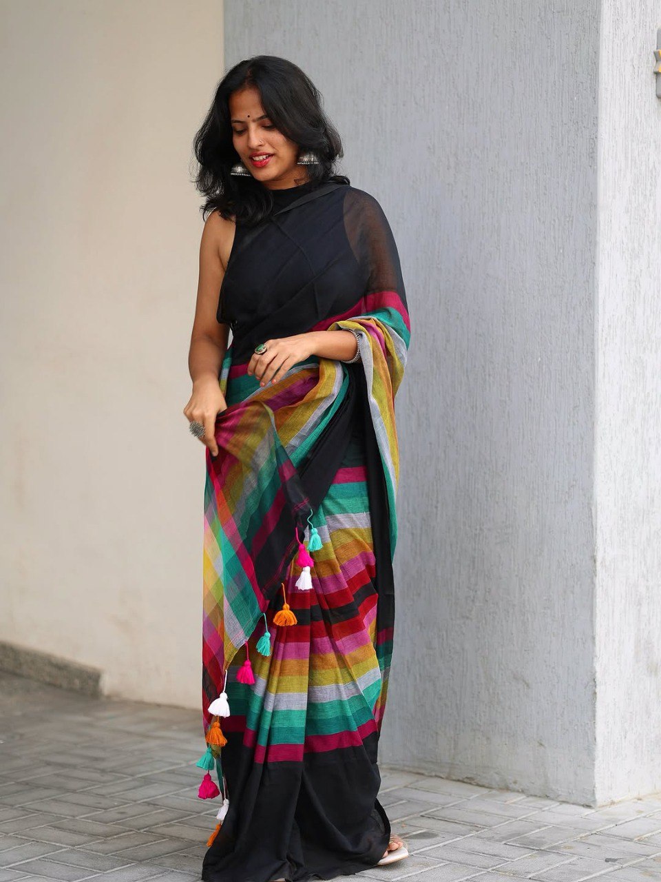 Black Linen Cotton Digital Printed Saree with Multicolor Stripes & Handmade Tassels