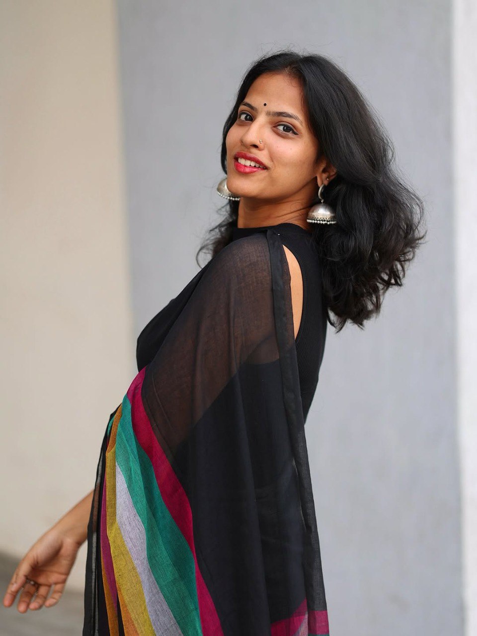 Black Linen Cotton Digital Printed Saree with Multicolor Stripes & Handmade Tassels