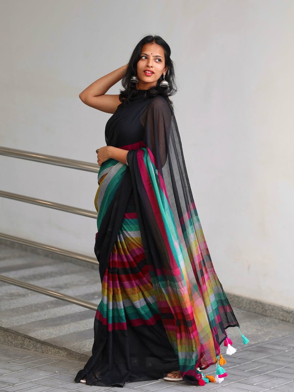 Black Linen Cotton Digital Printed Saree with Multicolor Stripes & Handmade Tassels