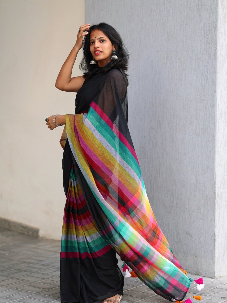 Black Linen Cotton Digital Printed Saree with Multicolor Stripes & Handmade Tassels