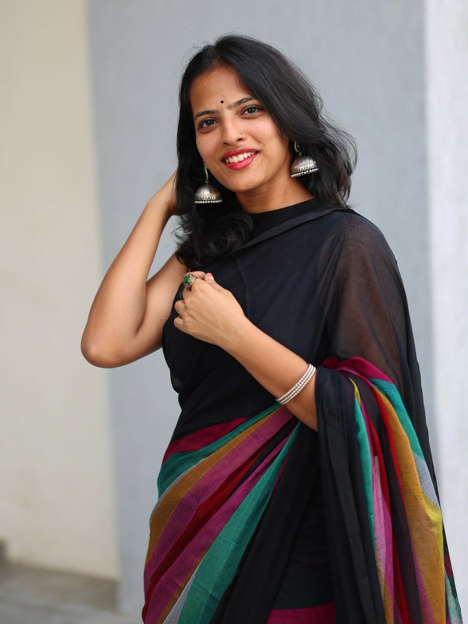 Black Linen Cotton Digital Printed Saree with Multicolor Stripes & Handmade Tassels