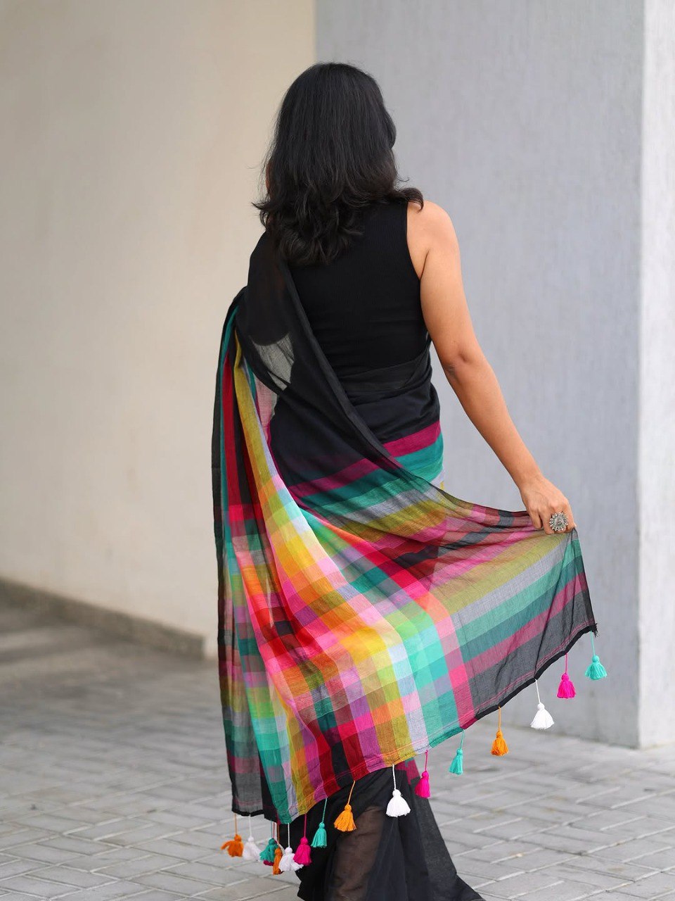 Black Linen Cotton Digital Printed Saree with Multicolor Stripes & Handmade Tassels