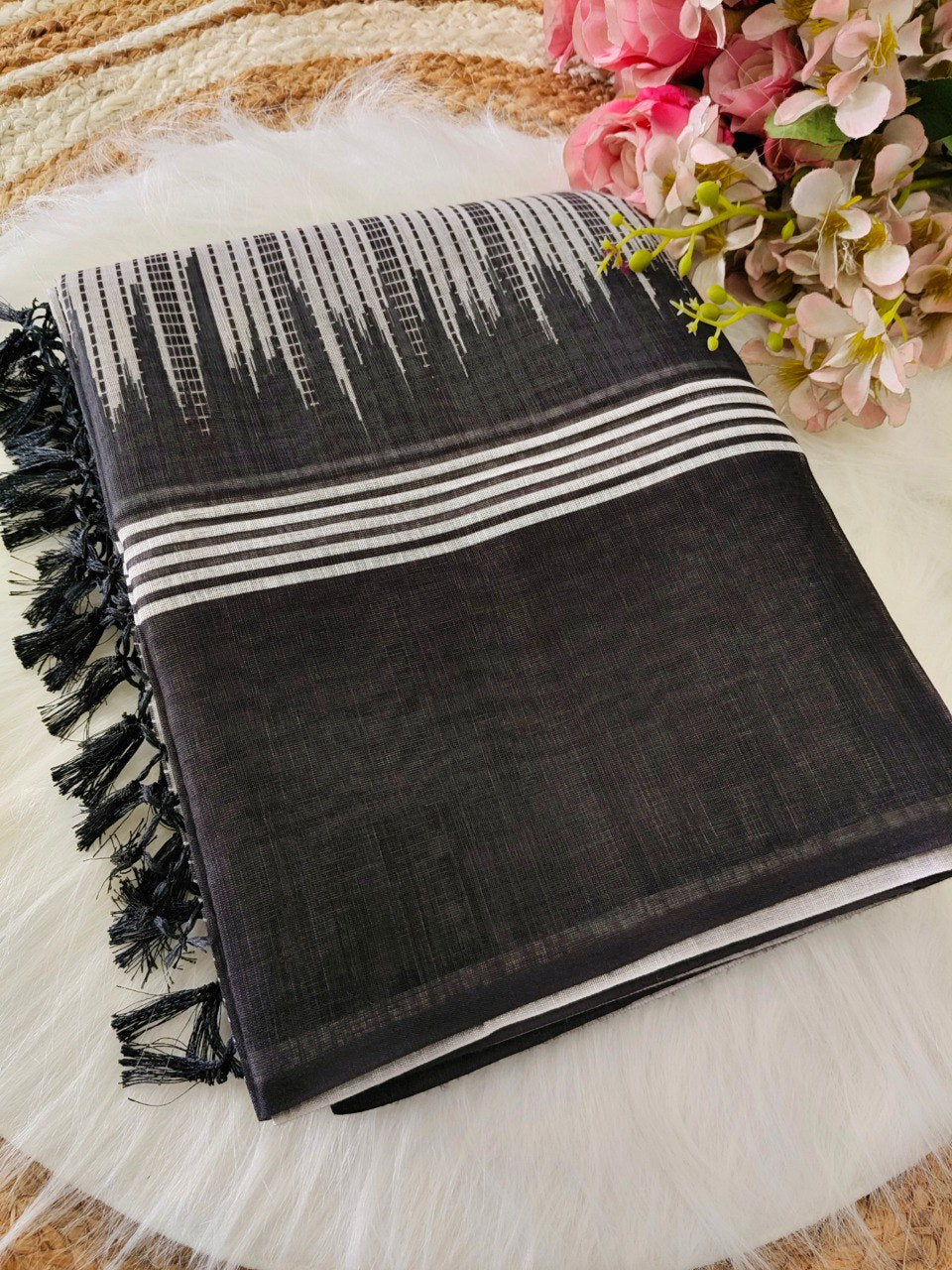 Pure Linen Cotton Digital Printed Saree with Handmade Zalar – PHPL 234