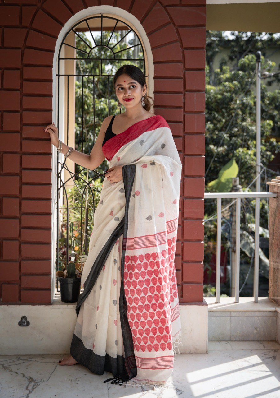 Pure Linen Cotton Digital Printed Saree with Handmade Zalar – PHPL 237
