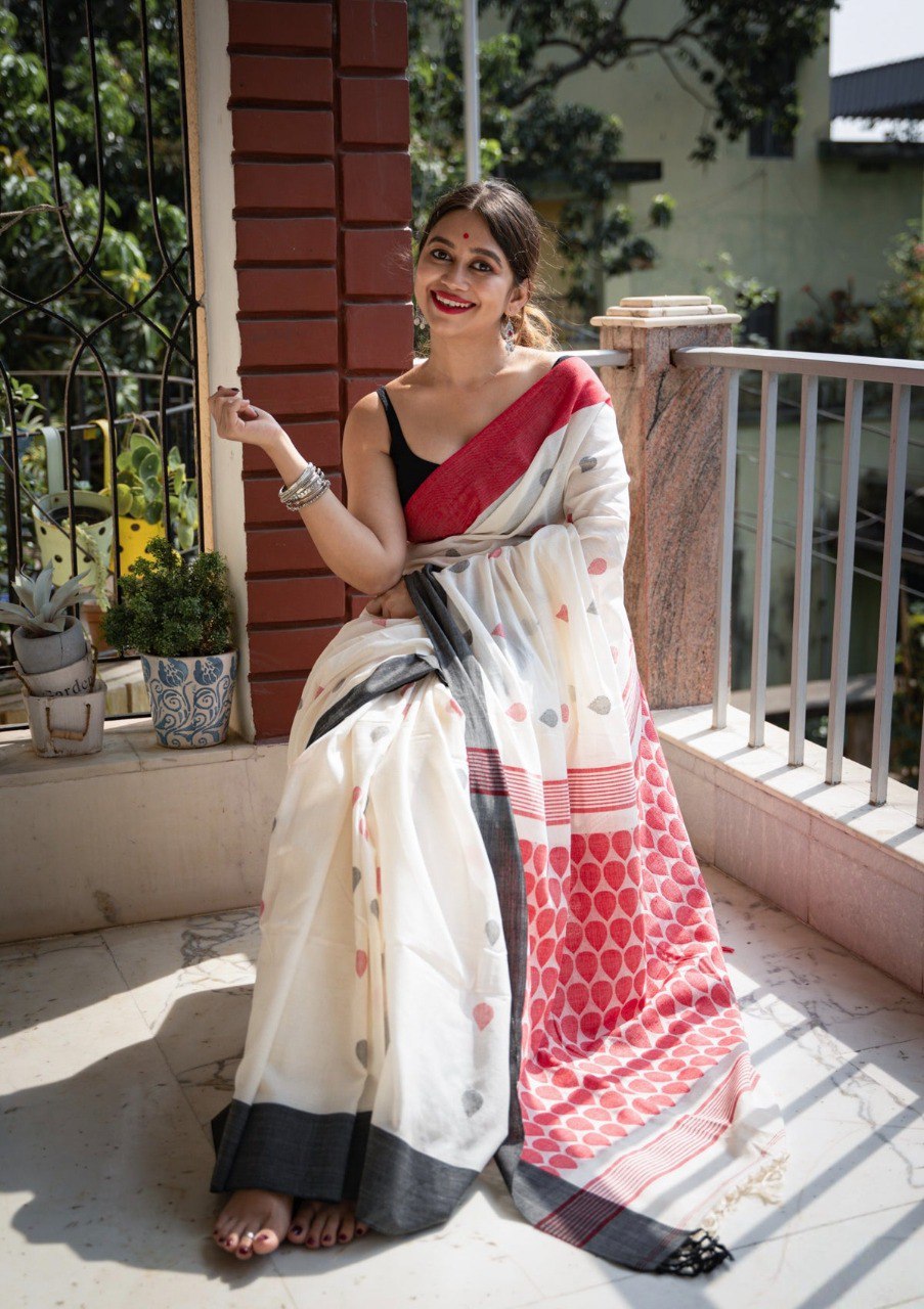Pure Linen Cotton Digital Printed Saree with Handmade Zalar – PHPL 237