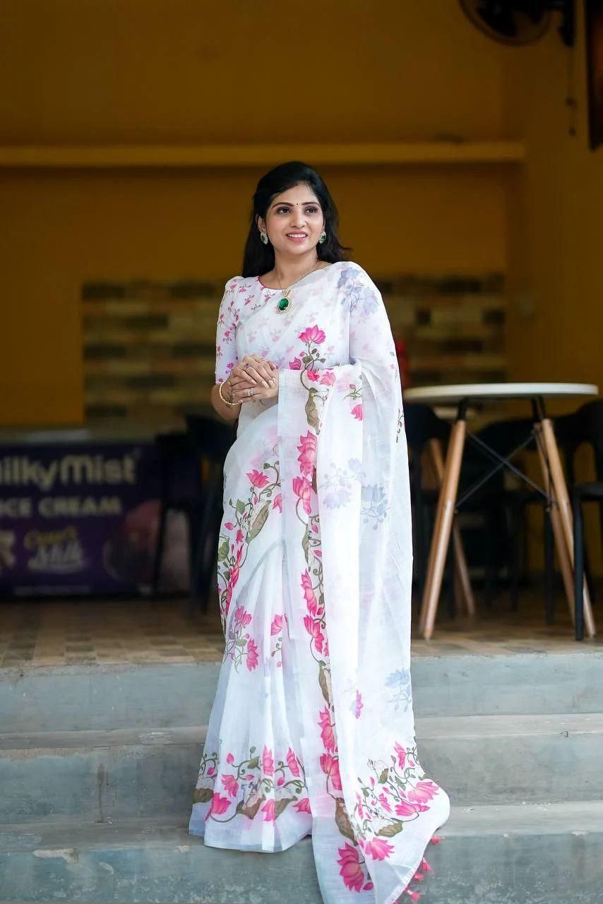 Pure Linen Cotton Printed Saree with HD Digital Print & Handmade Zalar