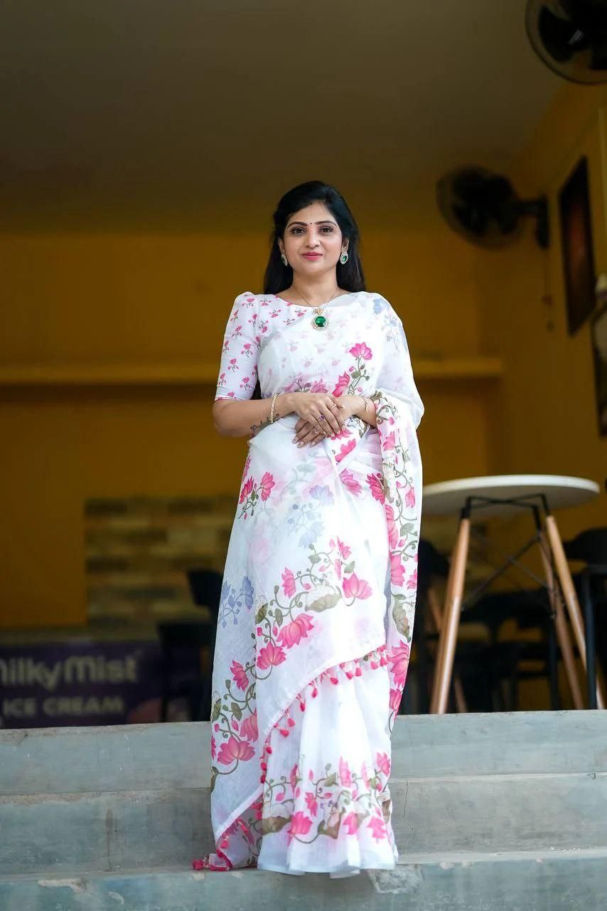 Pure Linen Cotton Printed Saree with HD Digital Print & Handmade Zalar