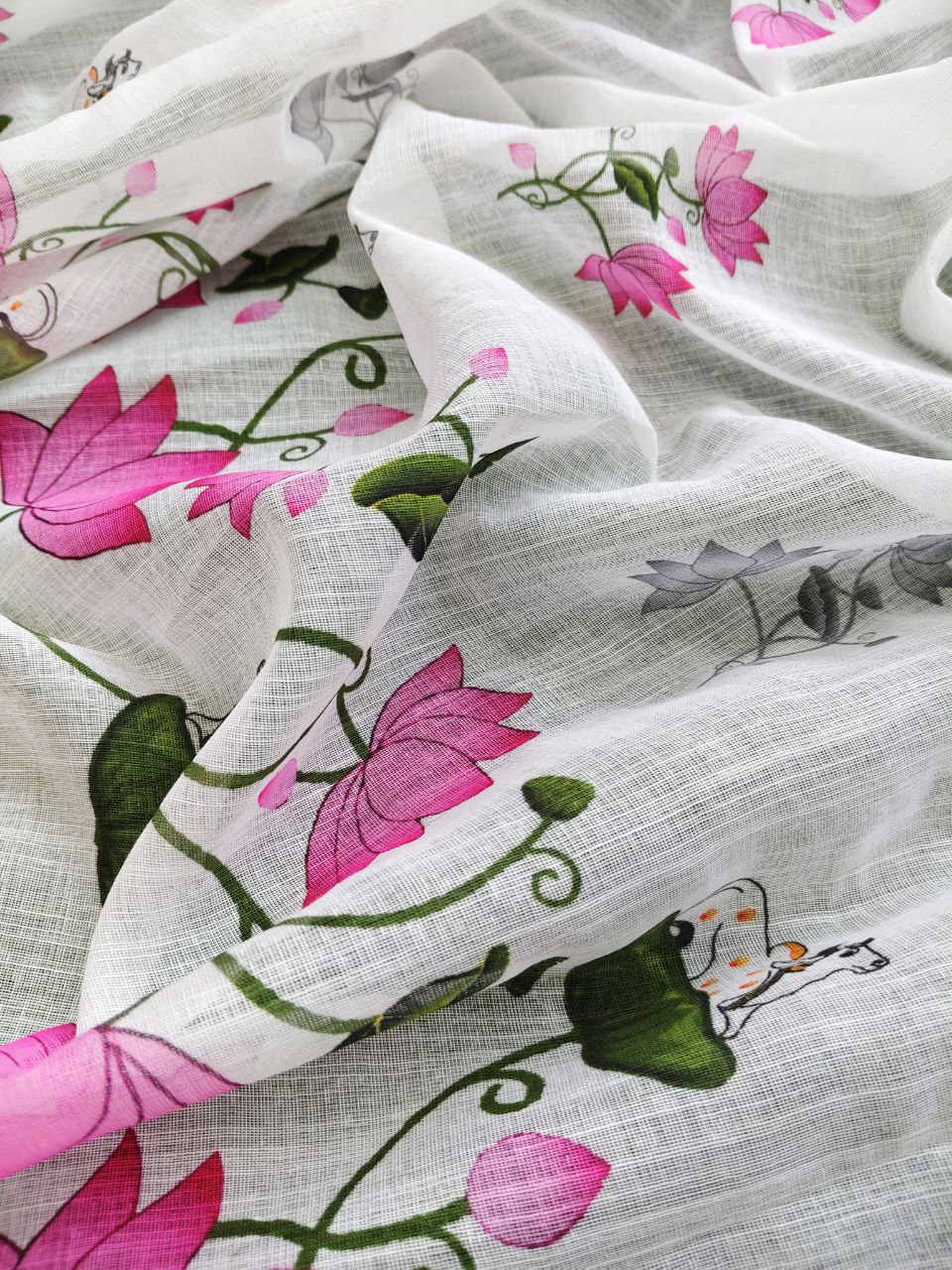 Pure Linen Cotton Printed Saree with HD Digital Print & Handmade Zalar