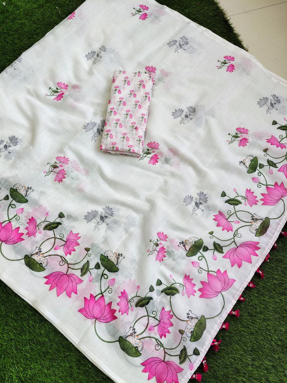 Pure Linen Cotton Printed Saree with HD Digital Print & Handmade Zalar