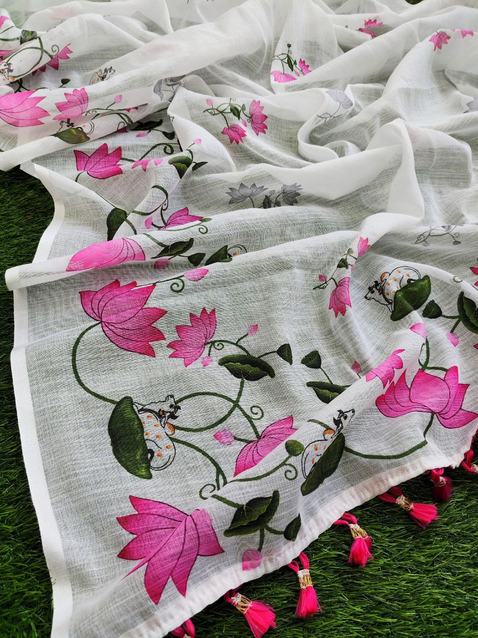 Pure Linen Cotton Printed Saree with HD Digital Print & Handmade Zalar