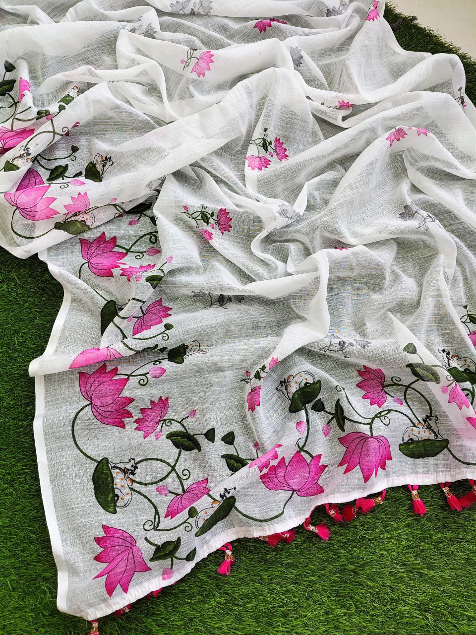 Pure Linen Cotton Printed Saree with HD Digital Print & Handmade Zalar