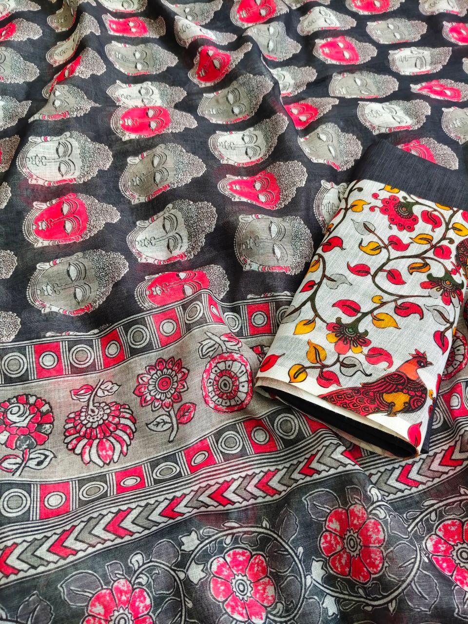 Pure Linen Cotton Digital Print Saree with Blouse & Tassels - tajoo