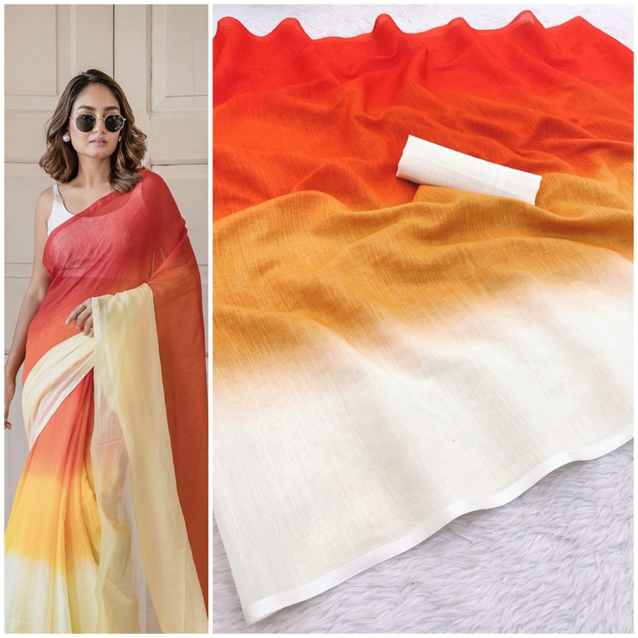 Pure Linen Cotton Digital Printed Saree with Blouse