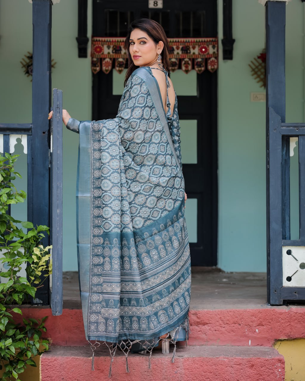 Deep Teal Woven Linen Cotton Saree with Contrast Border
