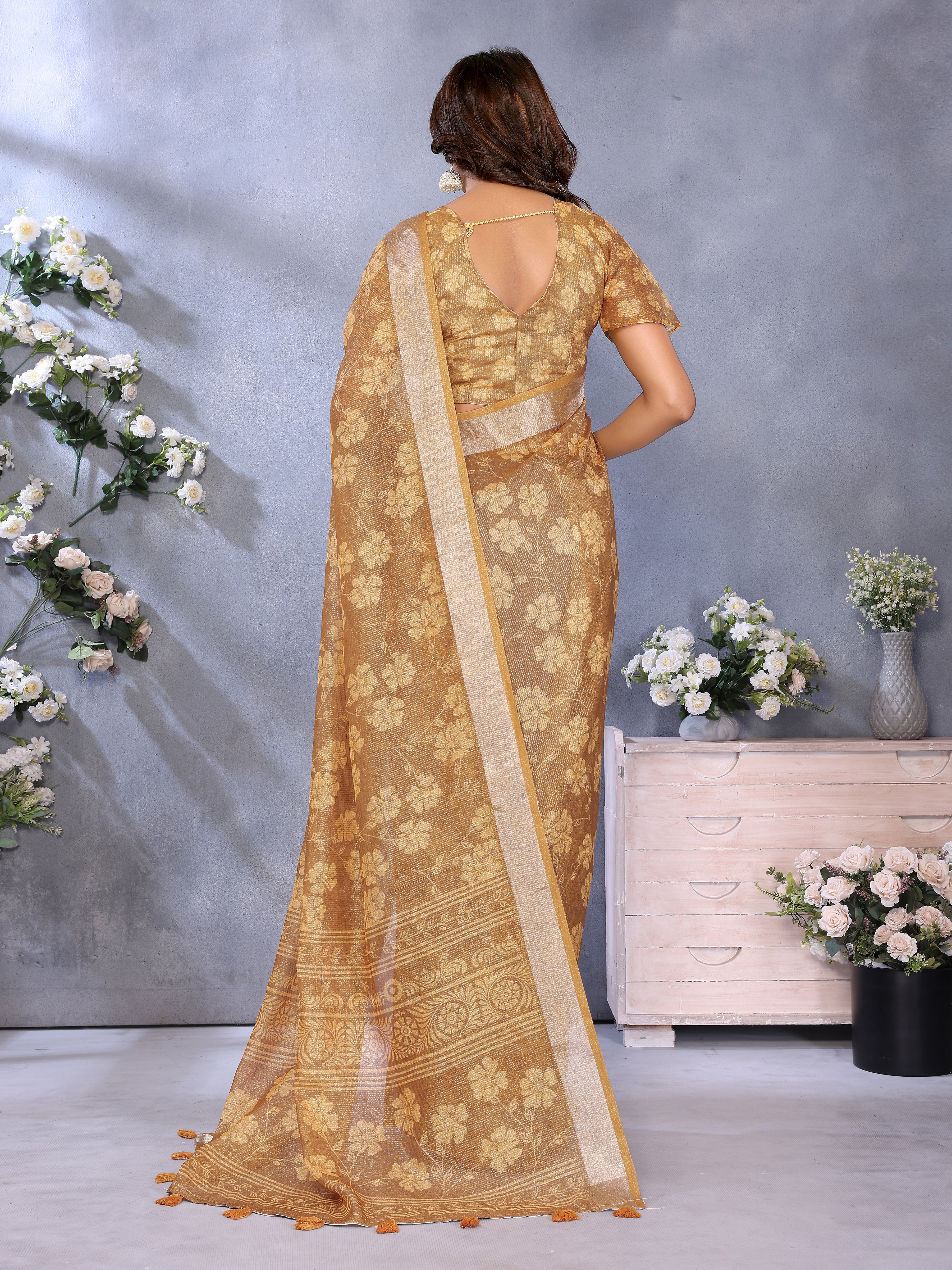 Golden Floral Woven Linen Shimmer Saree with Matching Border