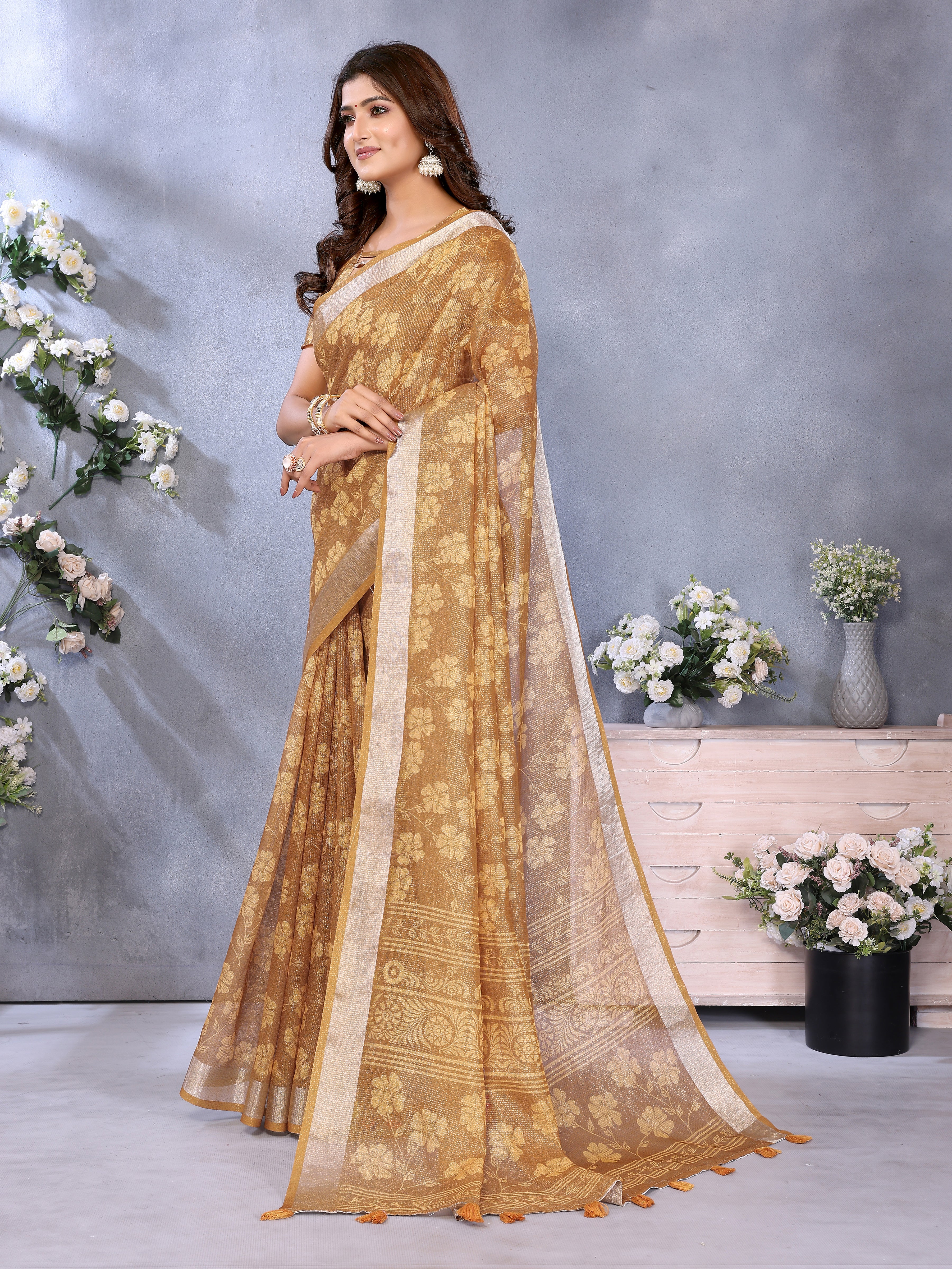 Golden Floral Woven Linen Shimmer Saree with Matching Border