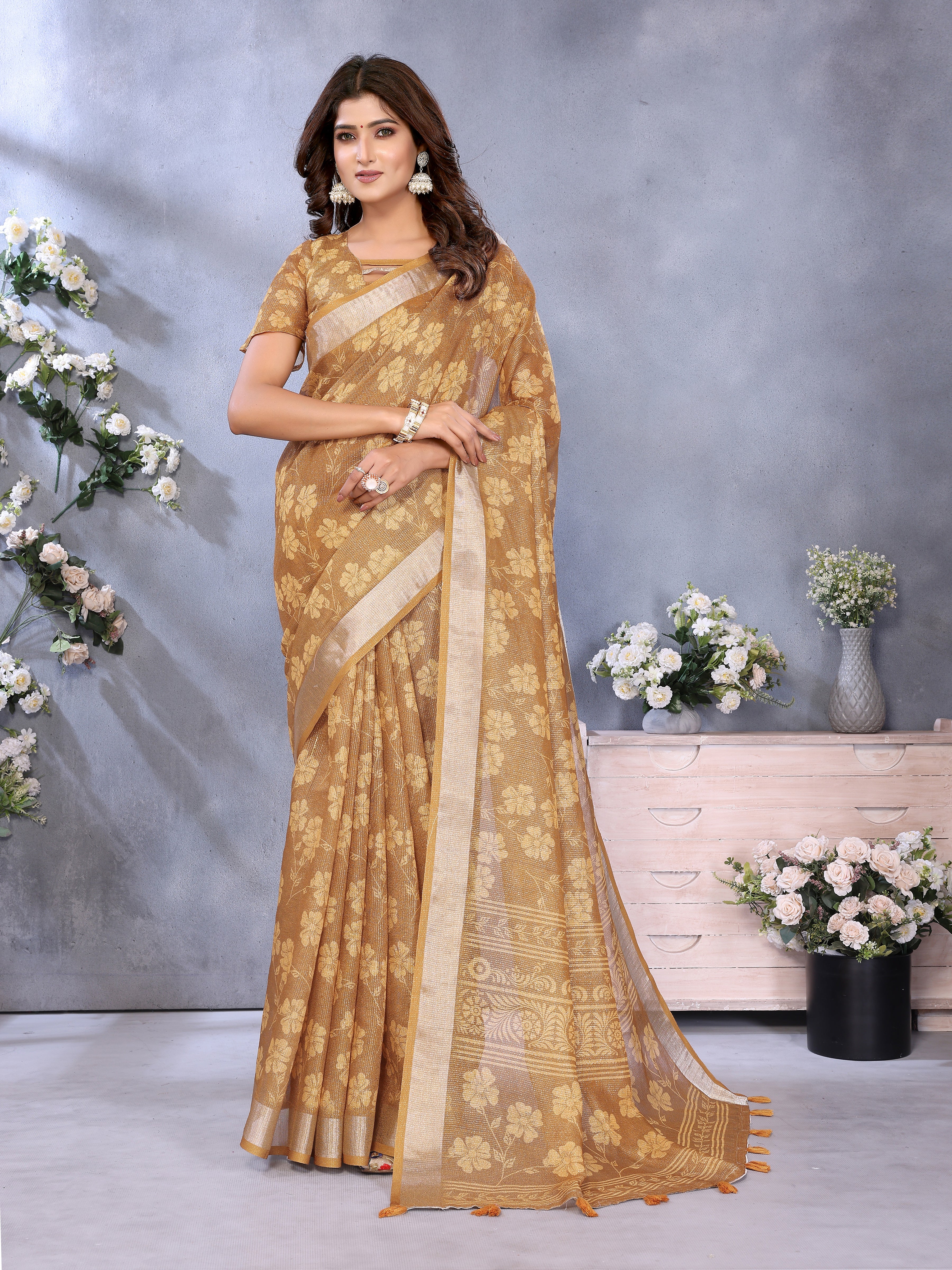 Golden Floral Woven Linen Shimmer Saree with Matching Border