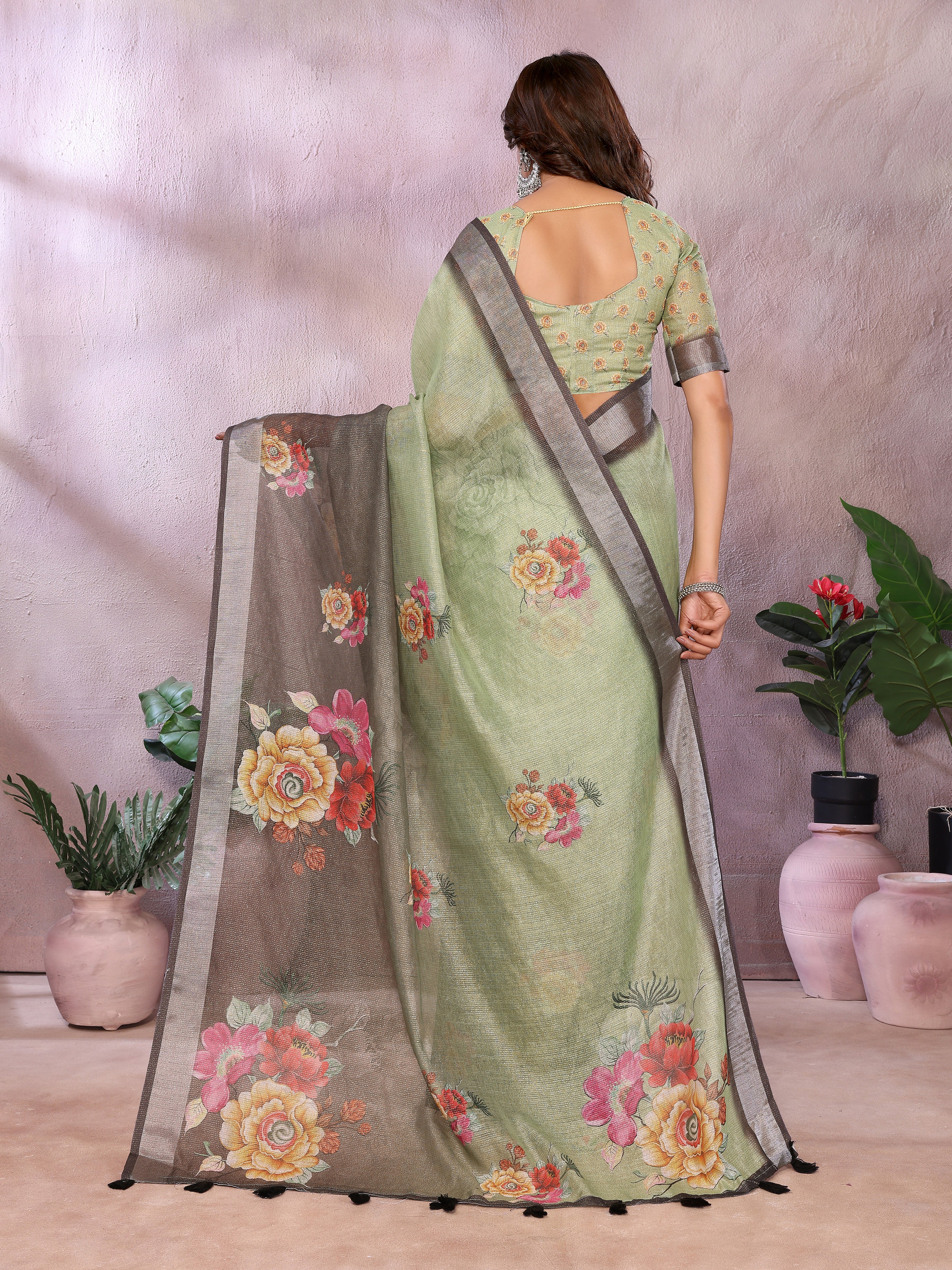 Olive Green & Black Floral Printed Linen Shimmer Saree with Tassel Border