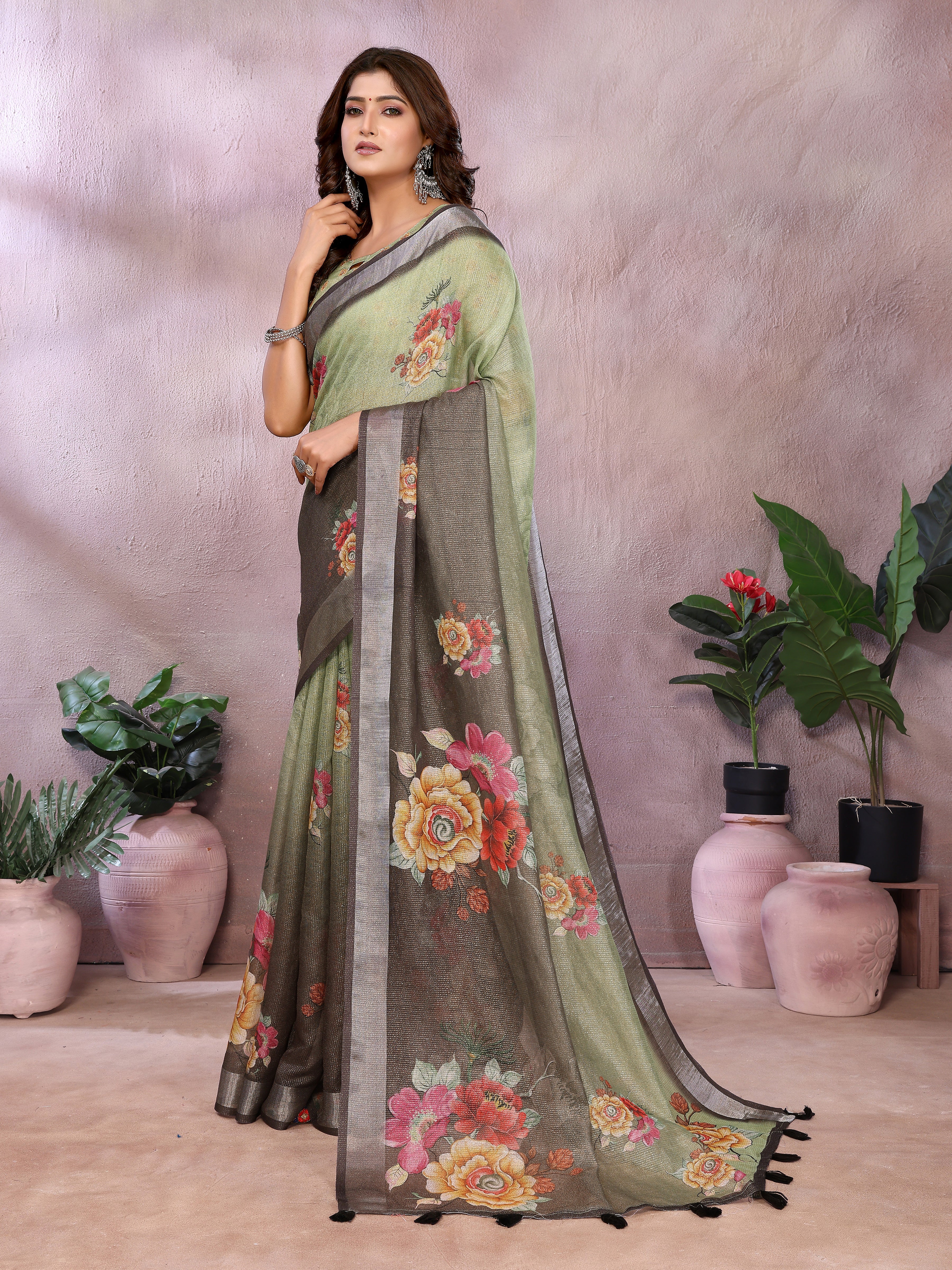 Olive Green & Black Floral Printed Linen Shimmer Saree with Tassel Border