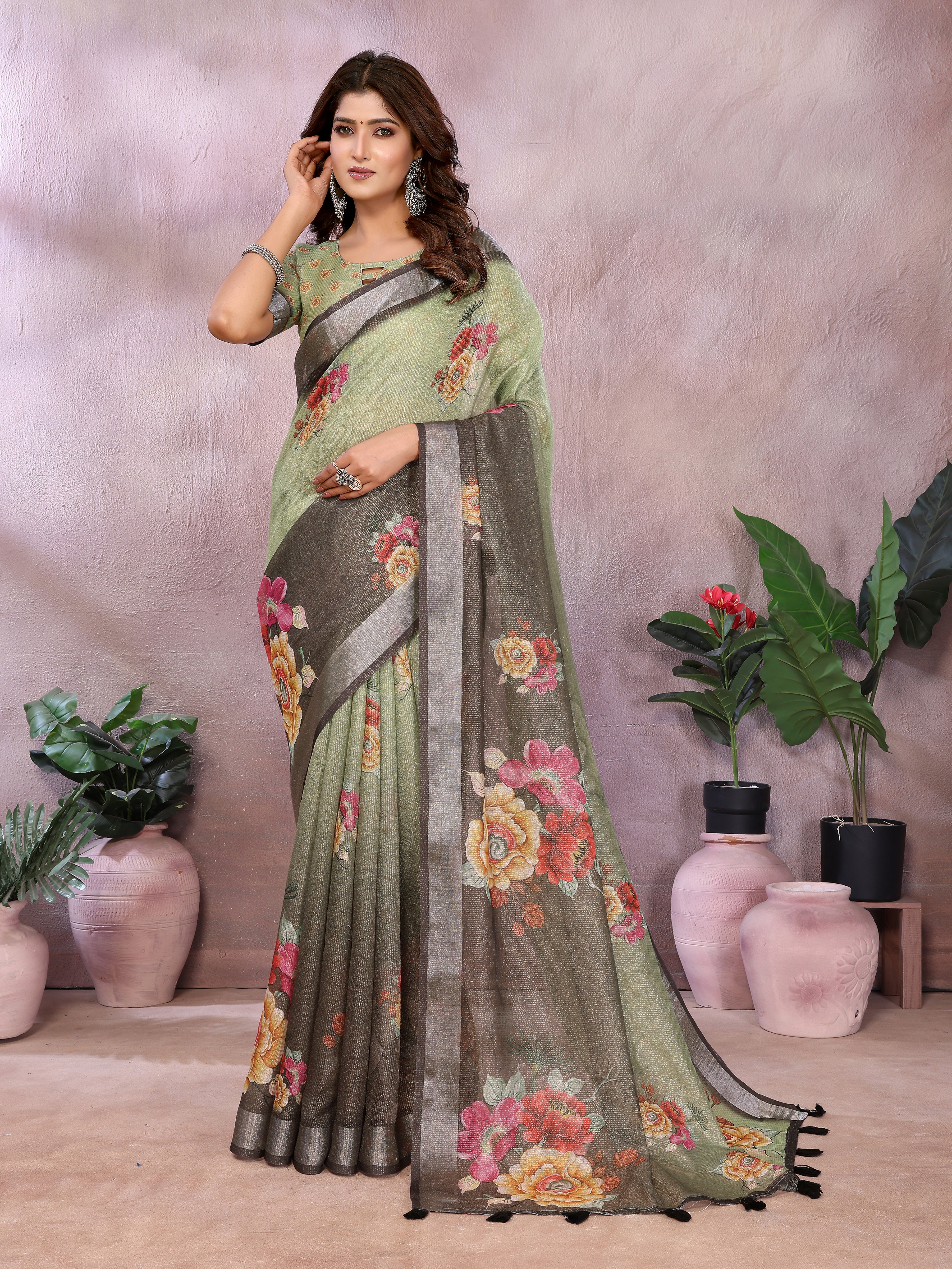 Olive Green & Black Floral Printed Linen Shimmer Saree with Tassel Border